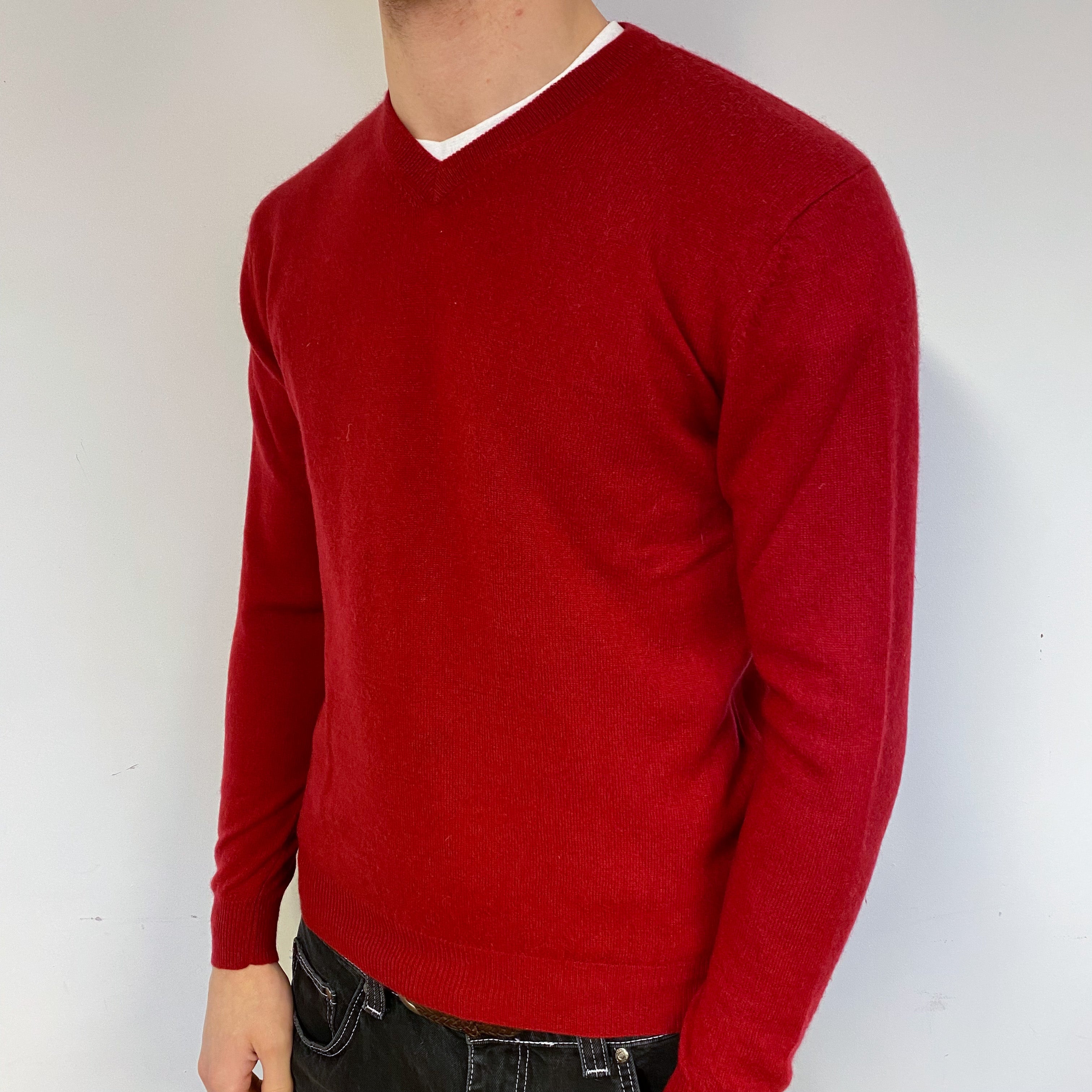 Men’s Crimson Red Cashmere V-Neck Jumper Medium