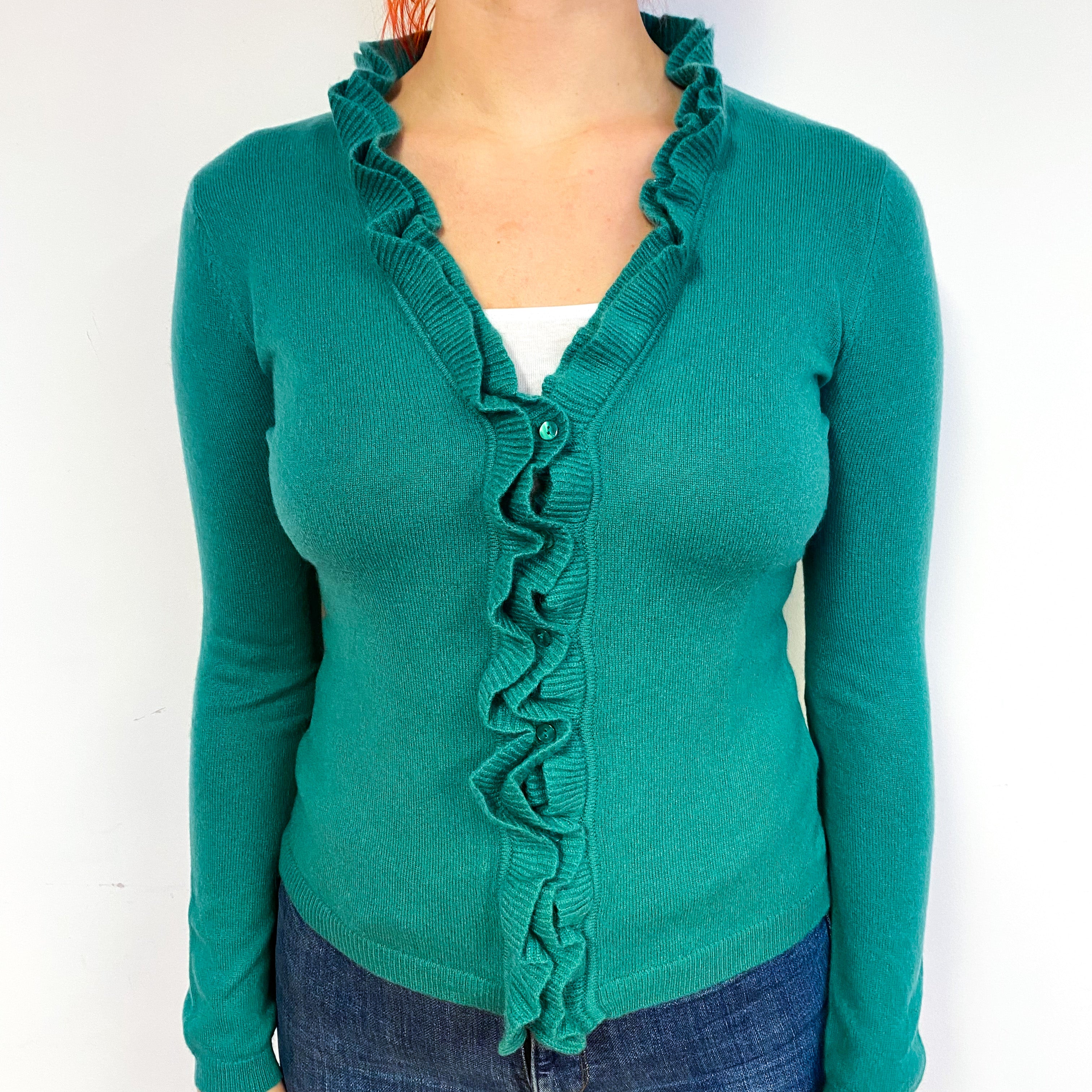 Emerald Green Cashmere Frill Trimmed Cardigan Small