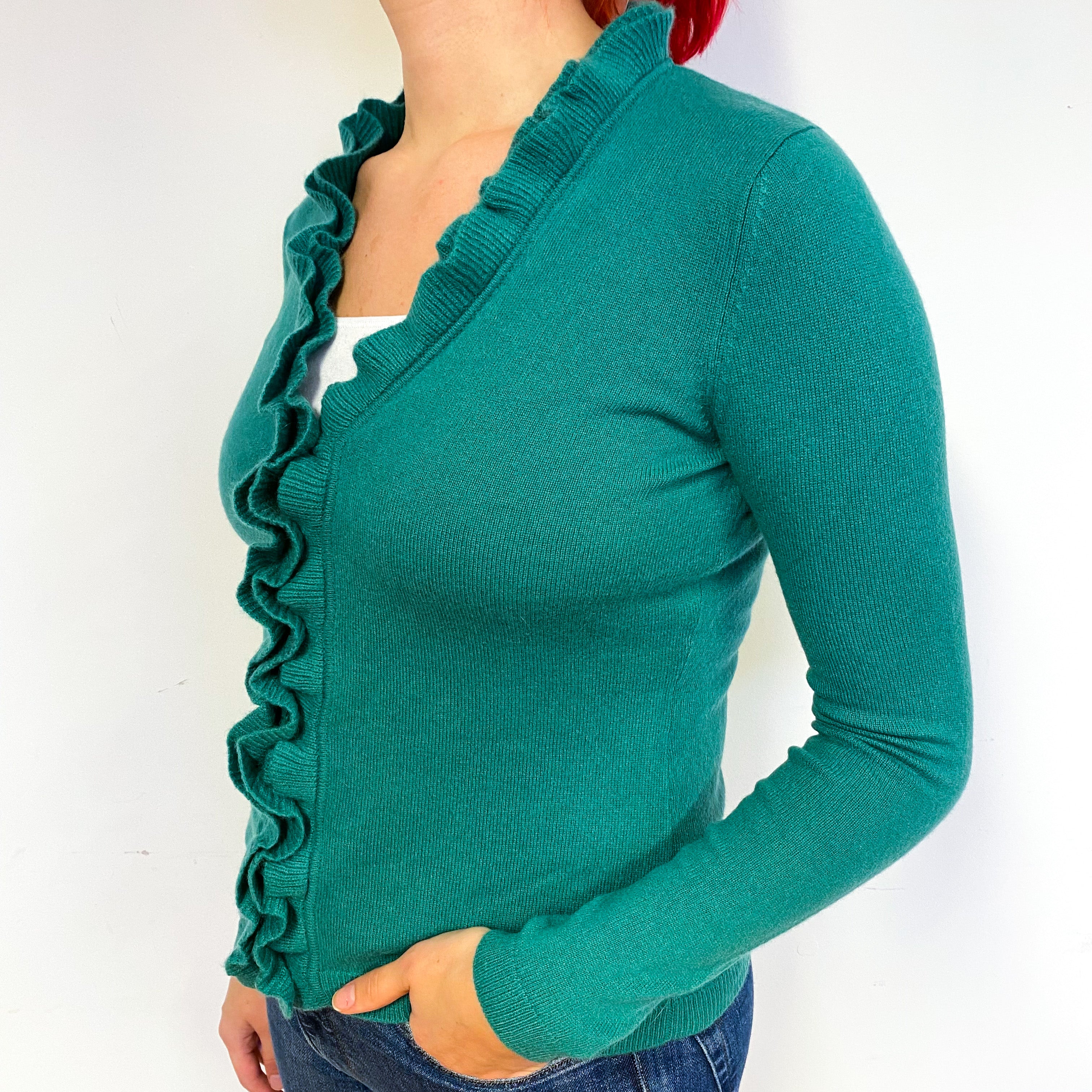 Emerald Green Cashmere Frill Trimmed Cardigan Small