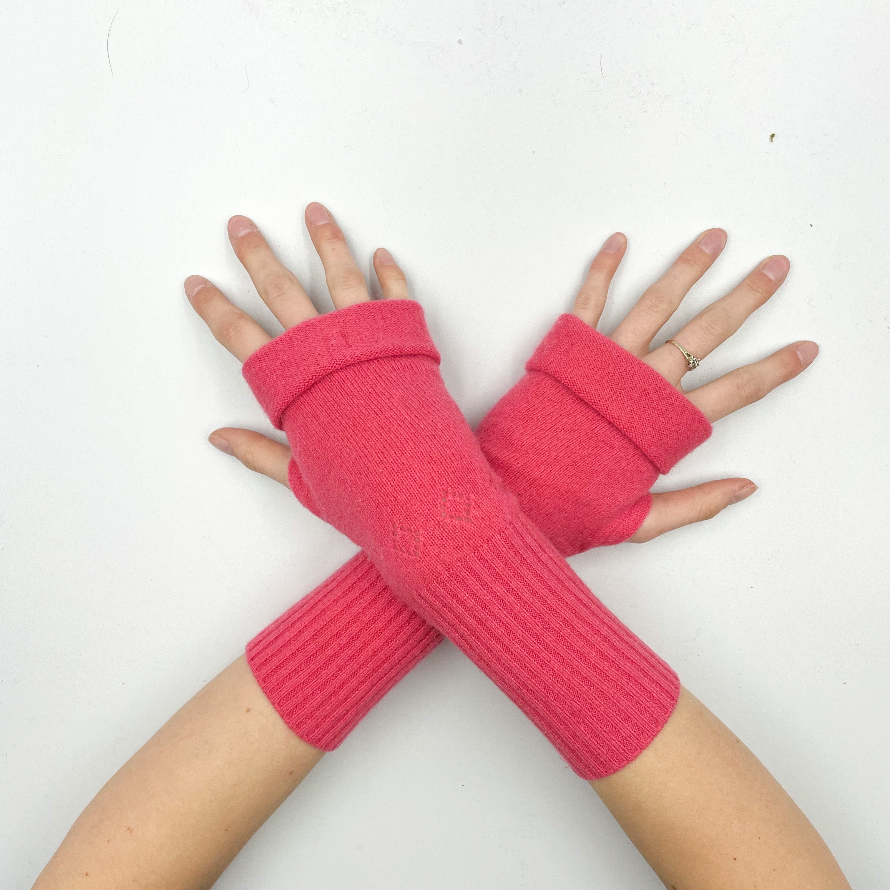 Bright Coral Lace Knit Fingerless Gloves