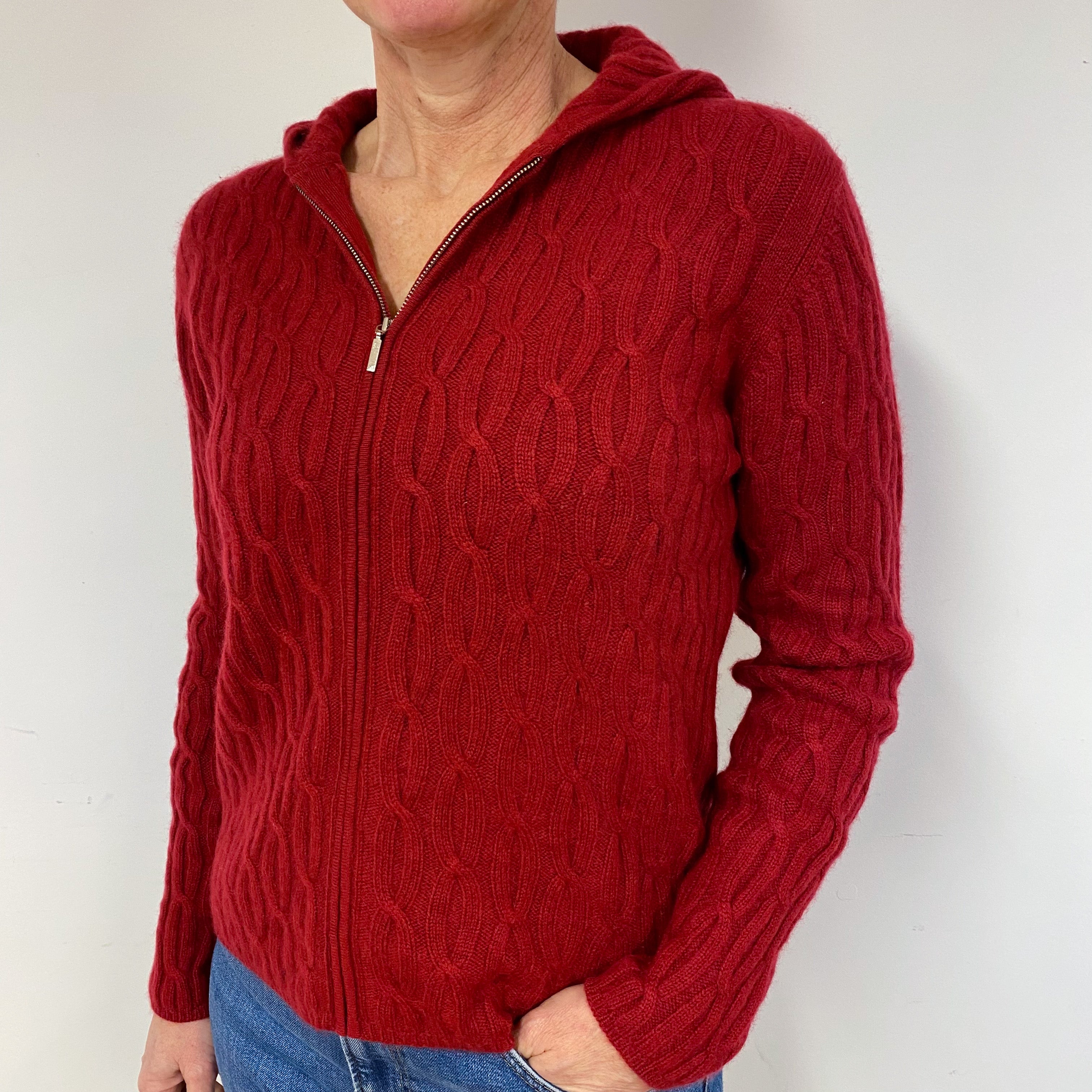 Crimson Red Cable Cashmere Hoodie Jumper Medium