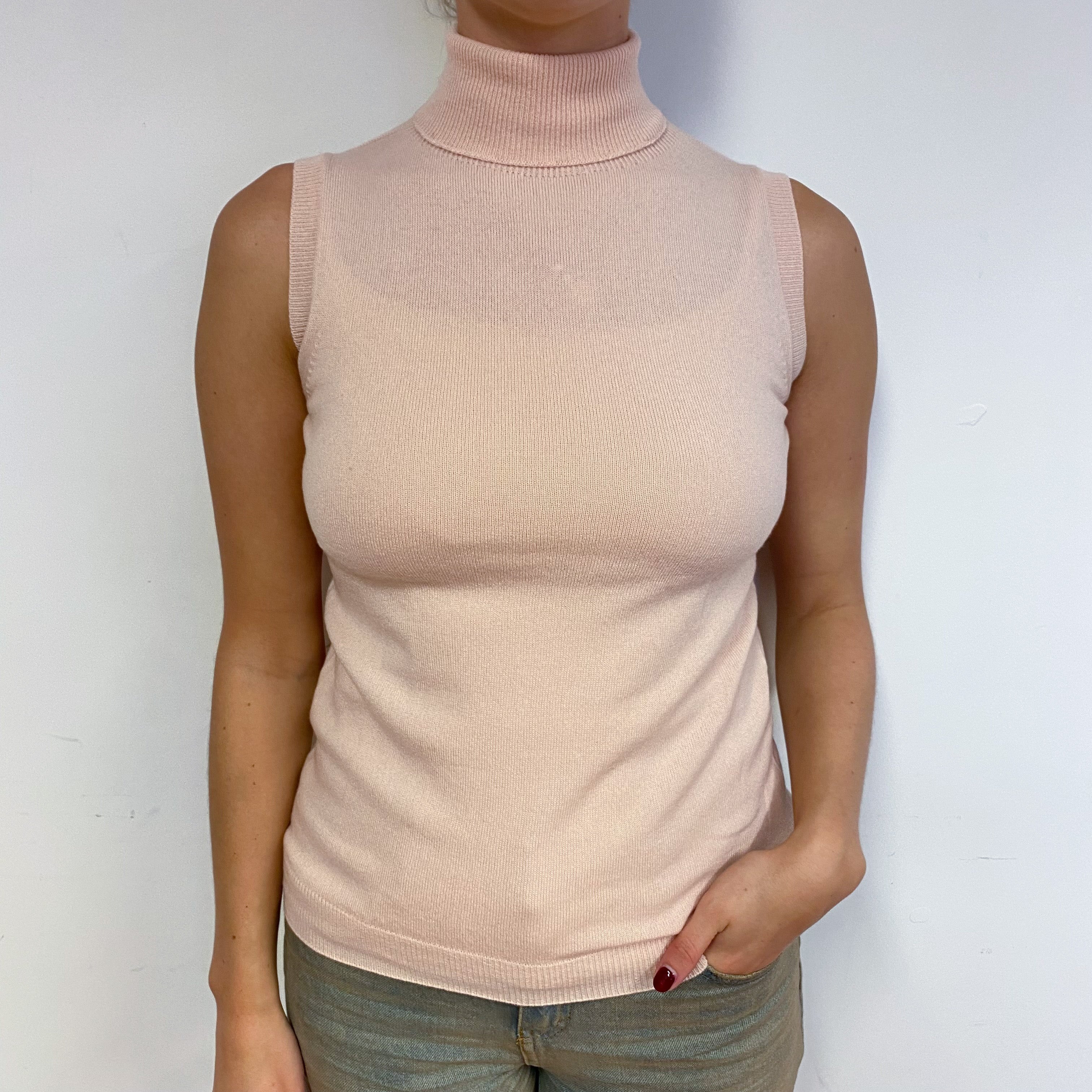 Brand New Scottish Oyster Pink Sleeveless Cashmere Polo Neck Jumper Small