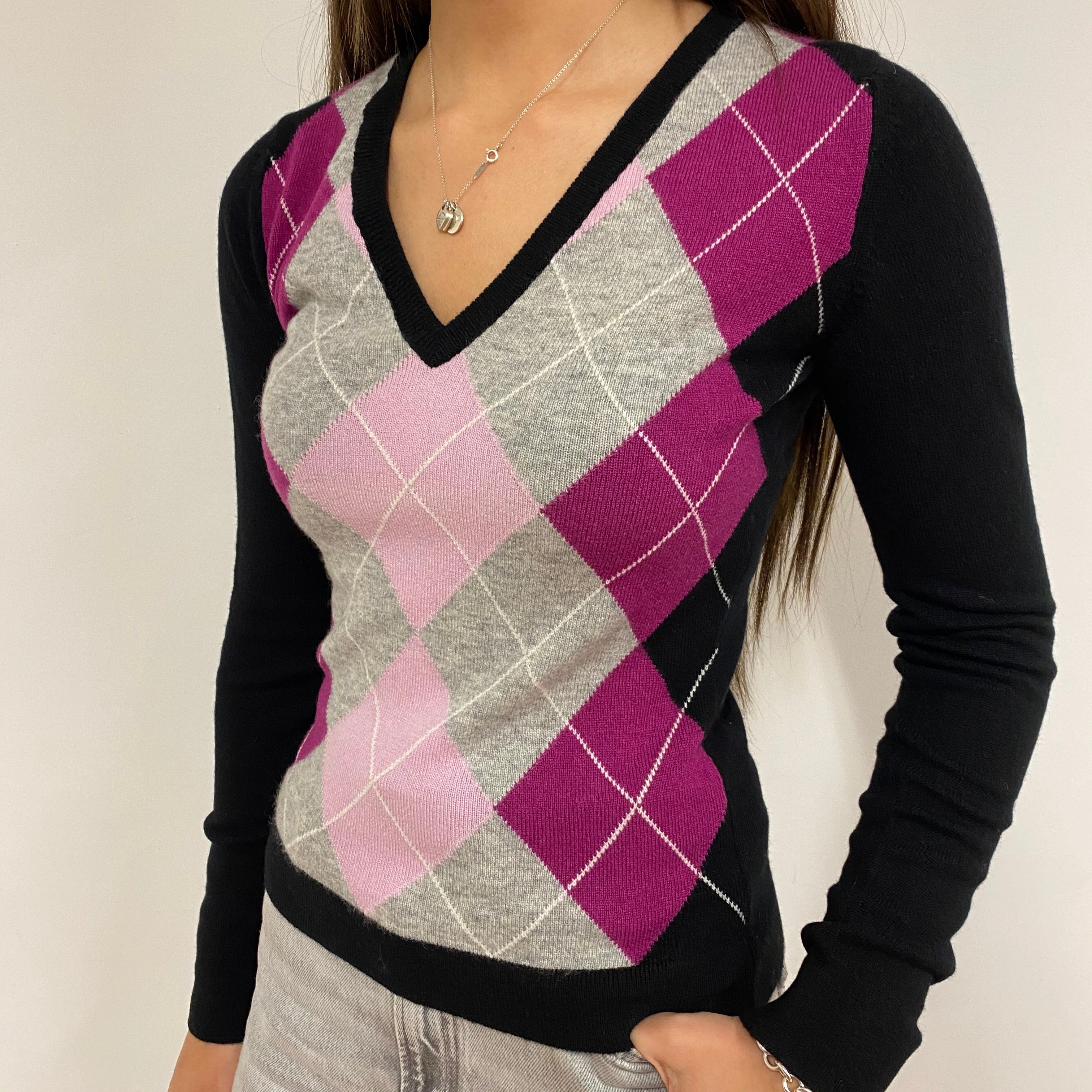 Brand New Black and Pink Argyle Cashmere V Neck Jumper Extra Small