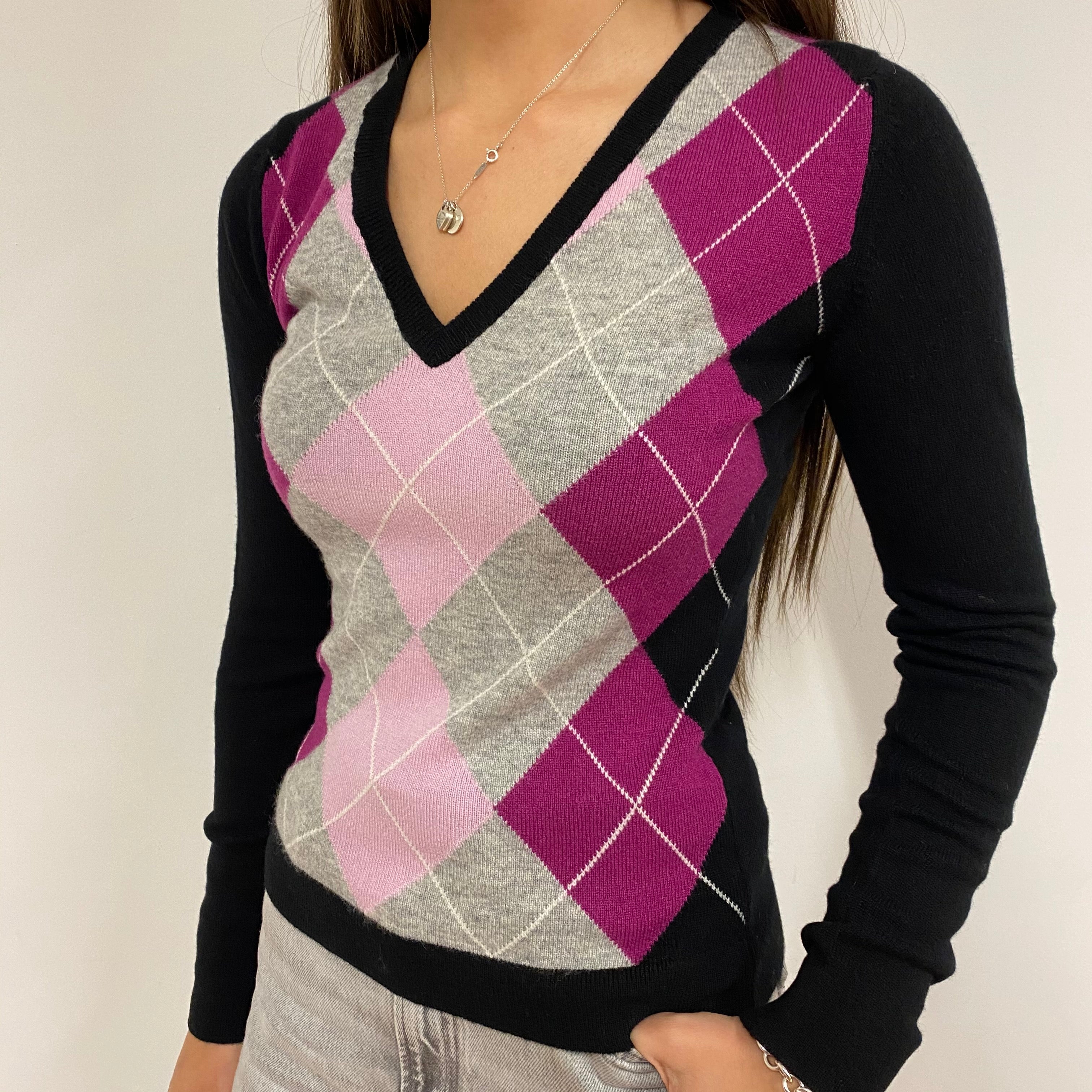 Brand New Pink/Black Diamond V Neck Jumper UK 6 Extra Small