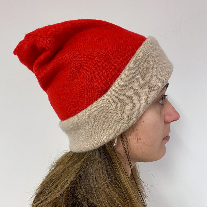 Reversible Red and Oatmeal Cashmere Beanie Hat One Size