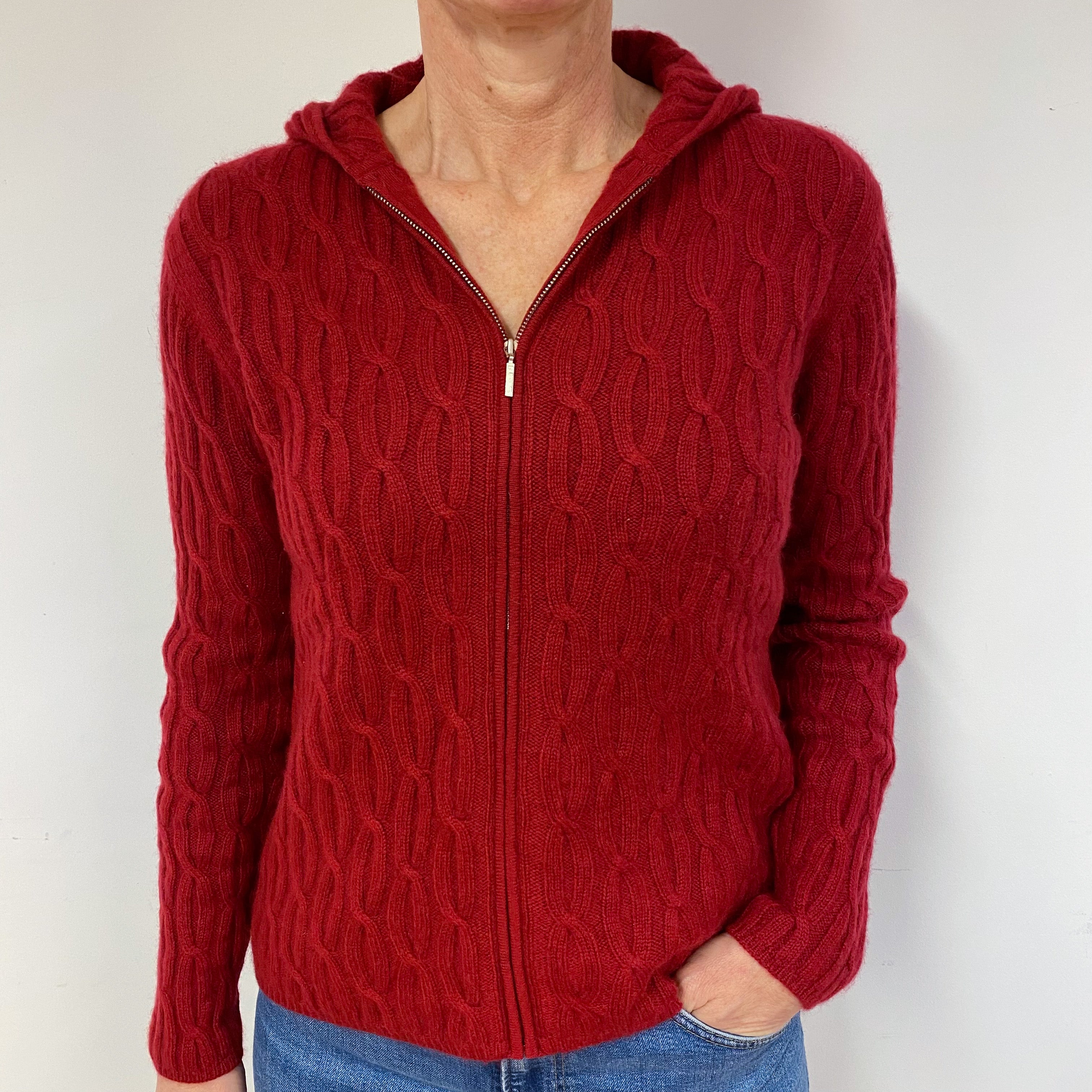 Crimson Red Cable Cashmere Hoodie Jumper Medium