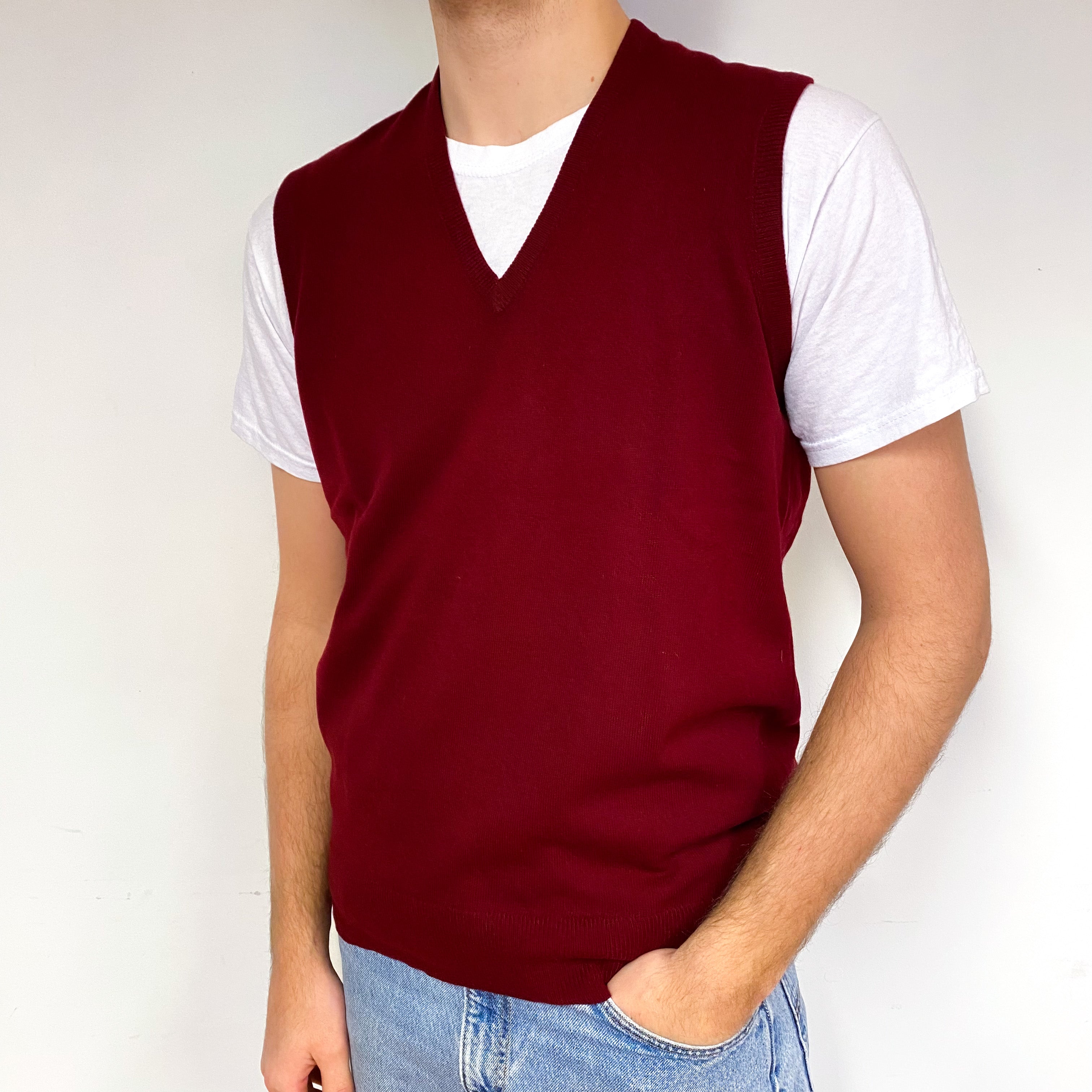 Men's Vintage Burgundy Cashmere V-Neck Tank Top Large