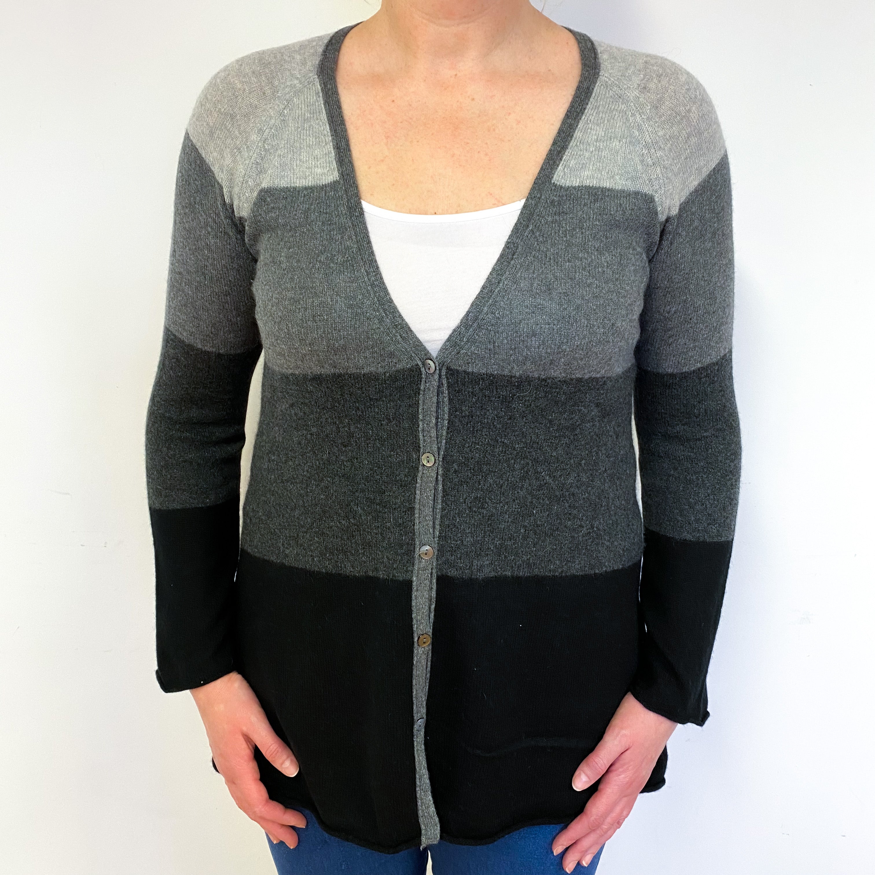 Black Grey Colour Block Cashmere V-Neck Cardigan Large