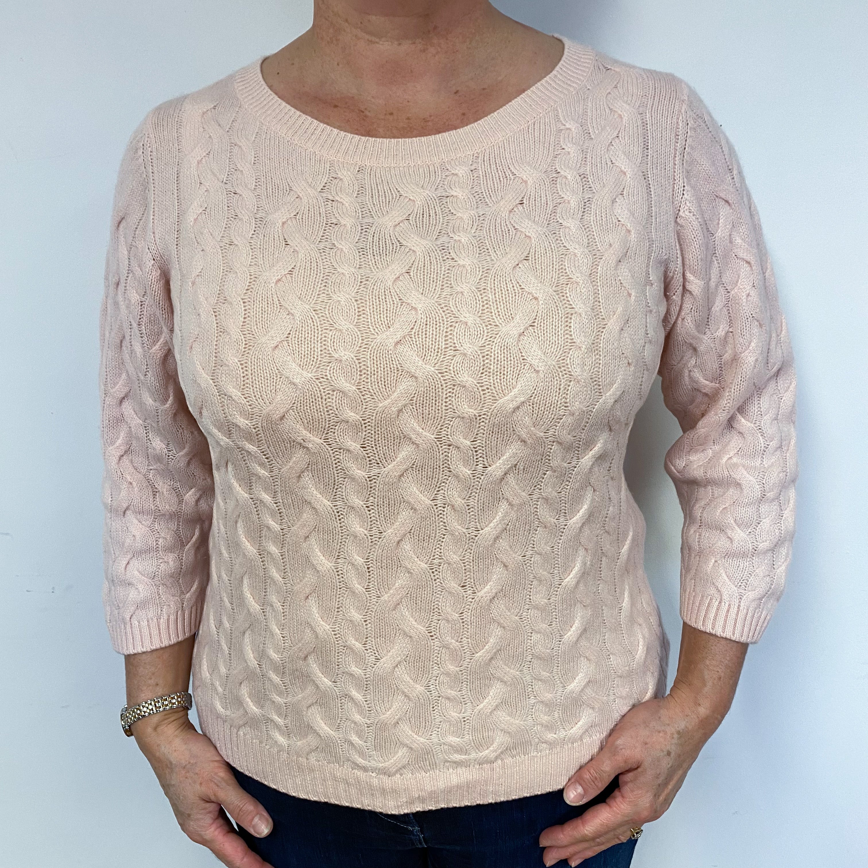 Shell Pink Cable Cashmere Crew Neck Jumper Large