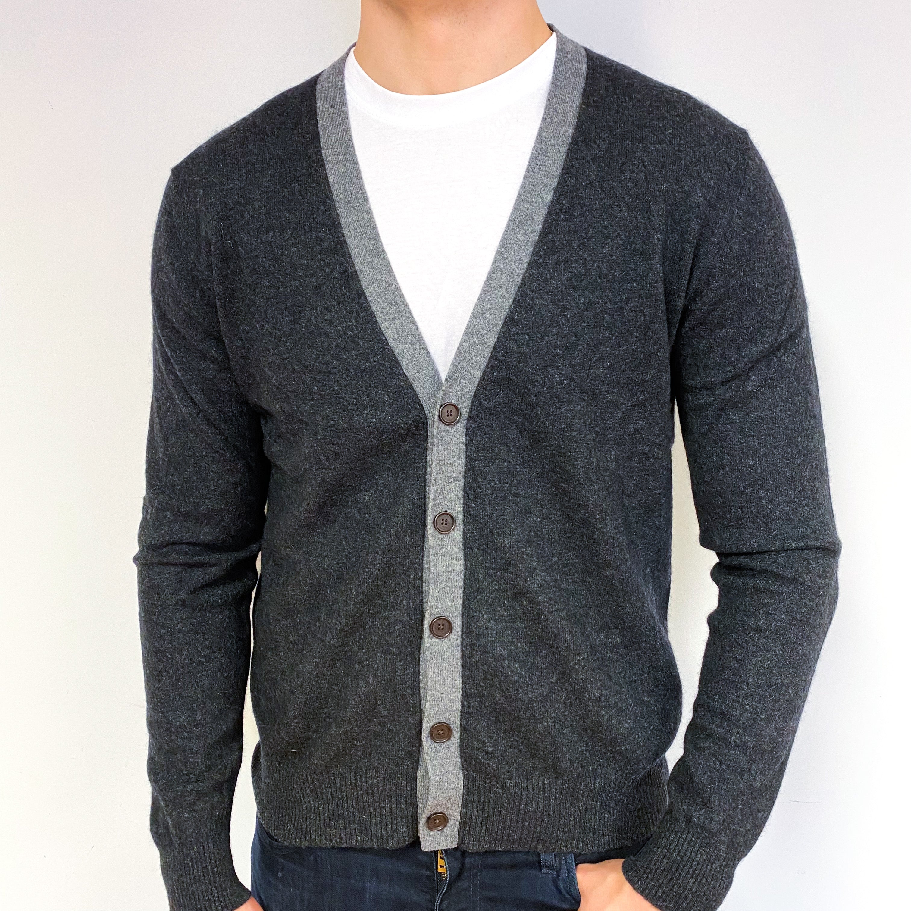 Men's Slate Grey Cashmere V-Neck Cardigan Extra Large