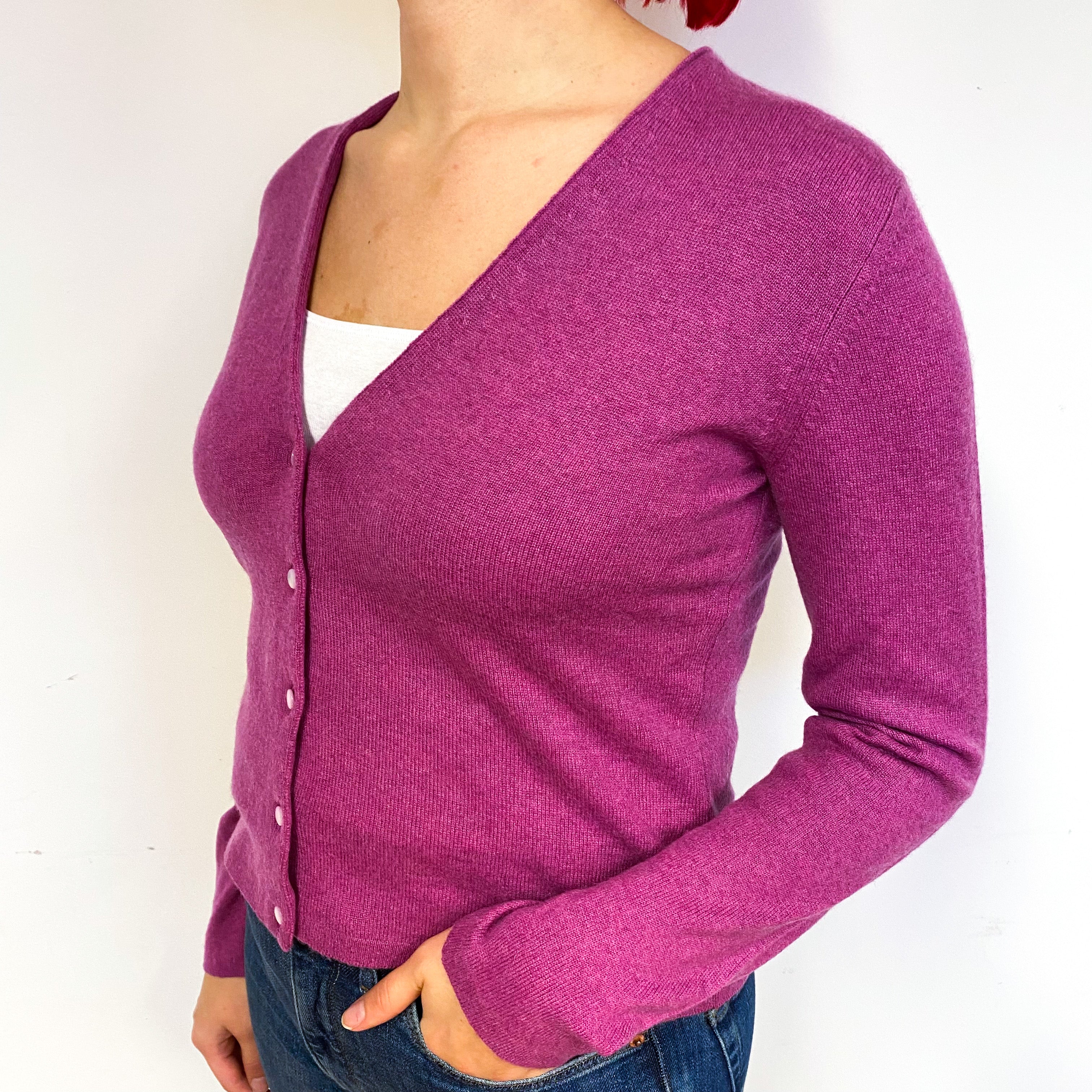 Brora Magenta Pink Cashmere V-Neck Cardigan Small