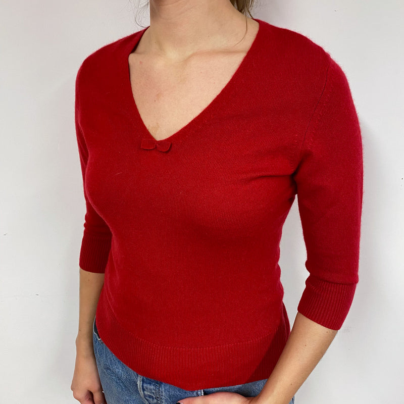 Red 3/4 Sleeve Cashmere V-Neck Jumper Small