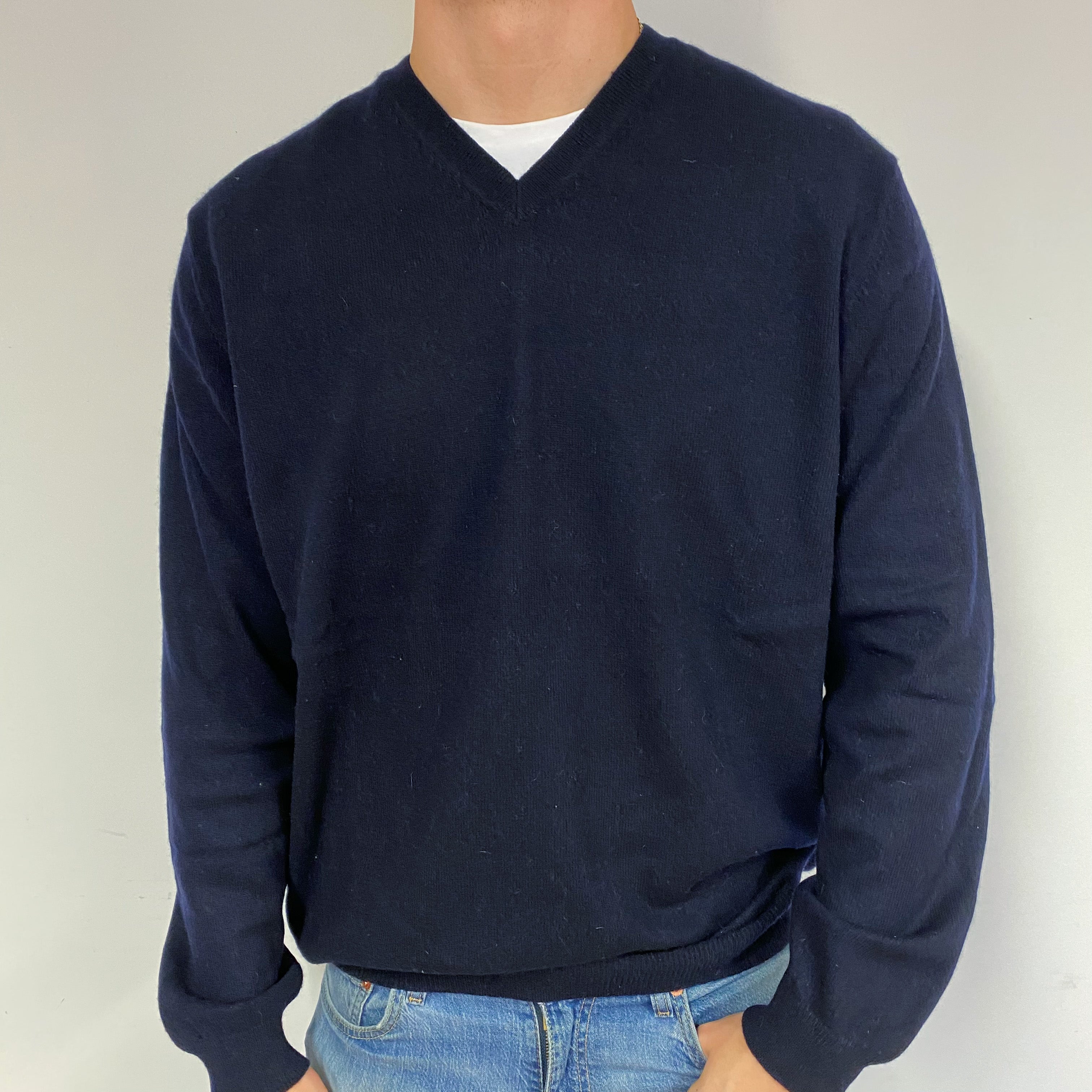 Men's Navy Blue Cashmere V-Neck Jumper XXL Tall