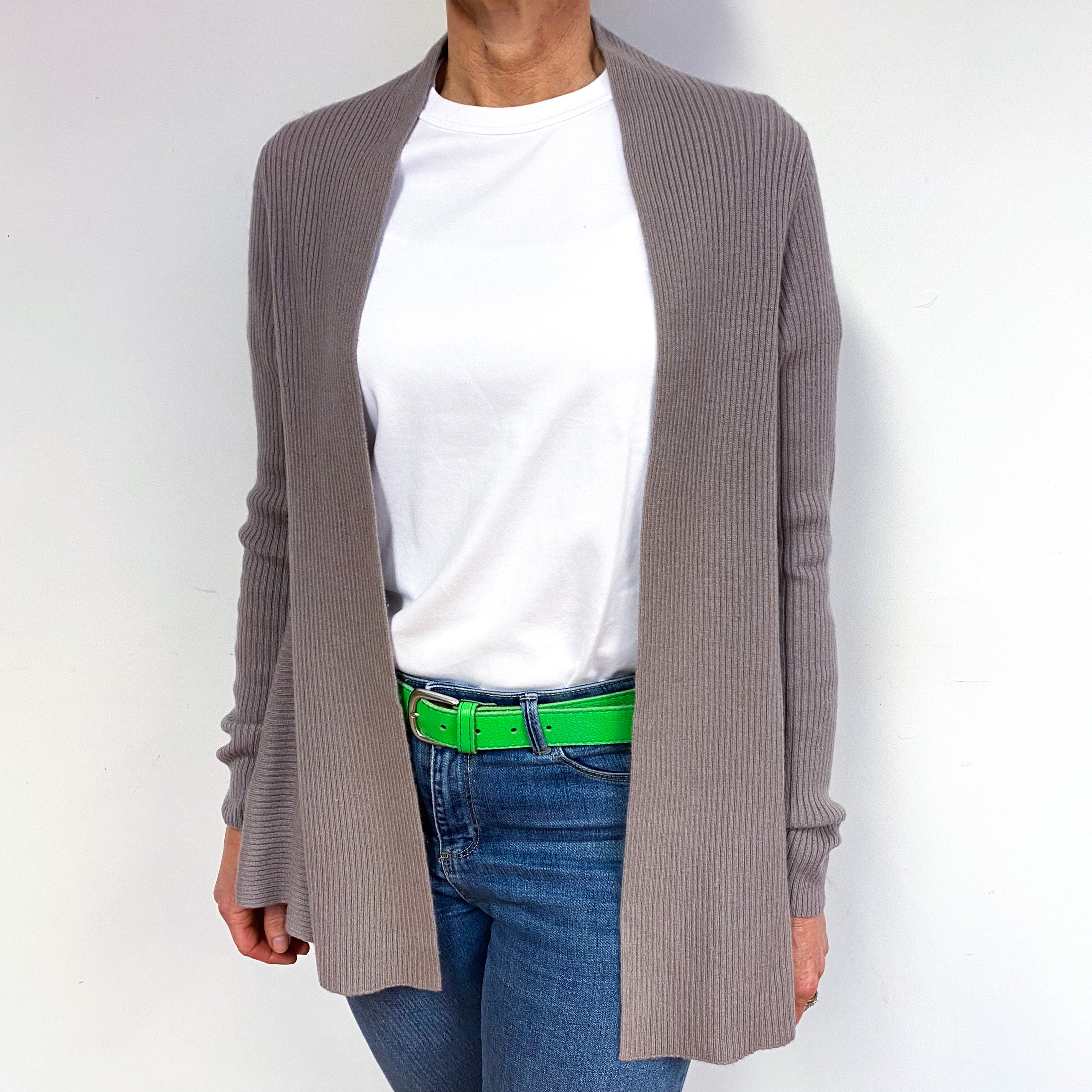Mink Brown Ribbed Cashmere Waterfall Cardigan Medium