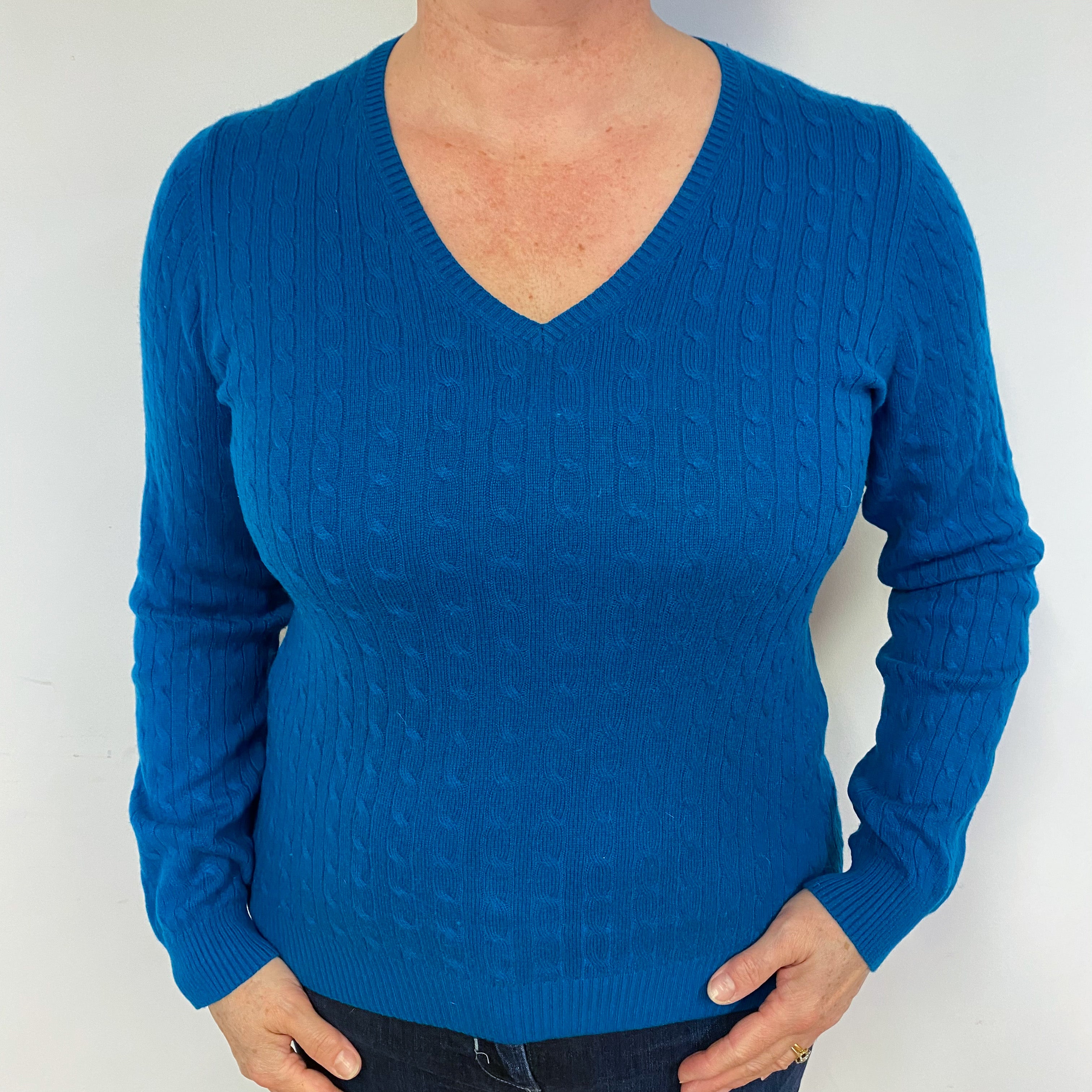 Teal Blue Cable Cashmere V-Neck Jumper Large