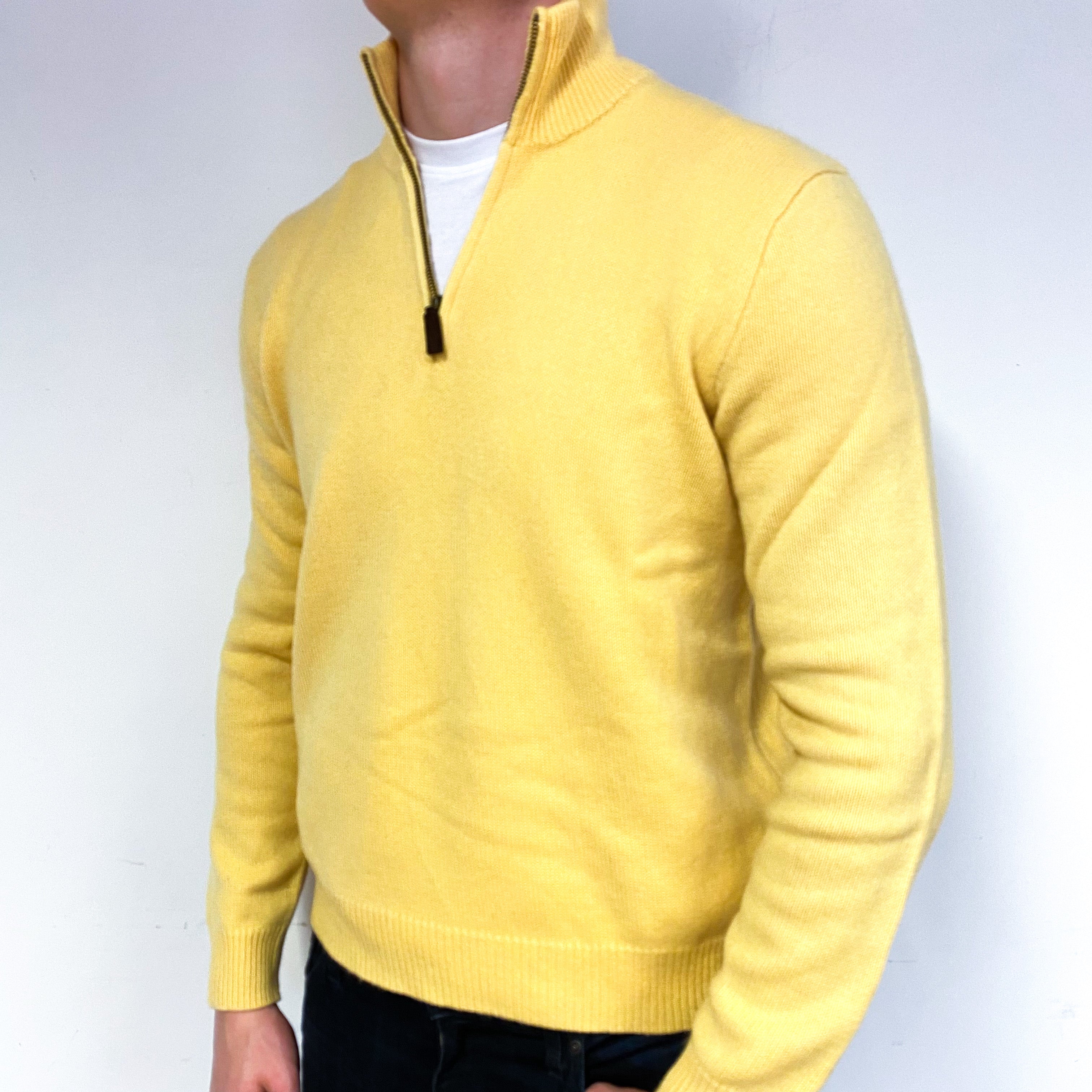 Men's Vintage Ralph Lauren Yellow Cashmere 1/4 Zip Jumper Extra Large