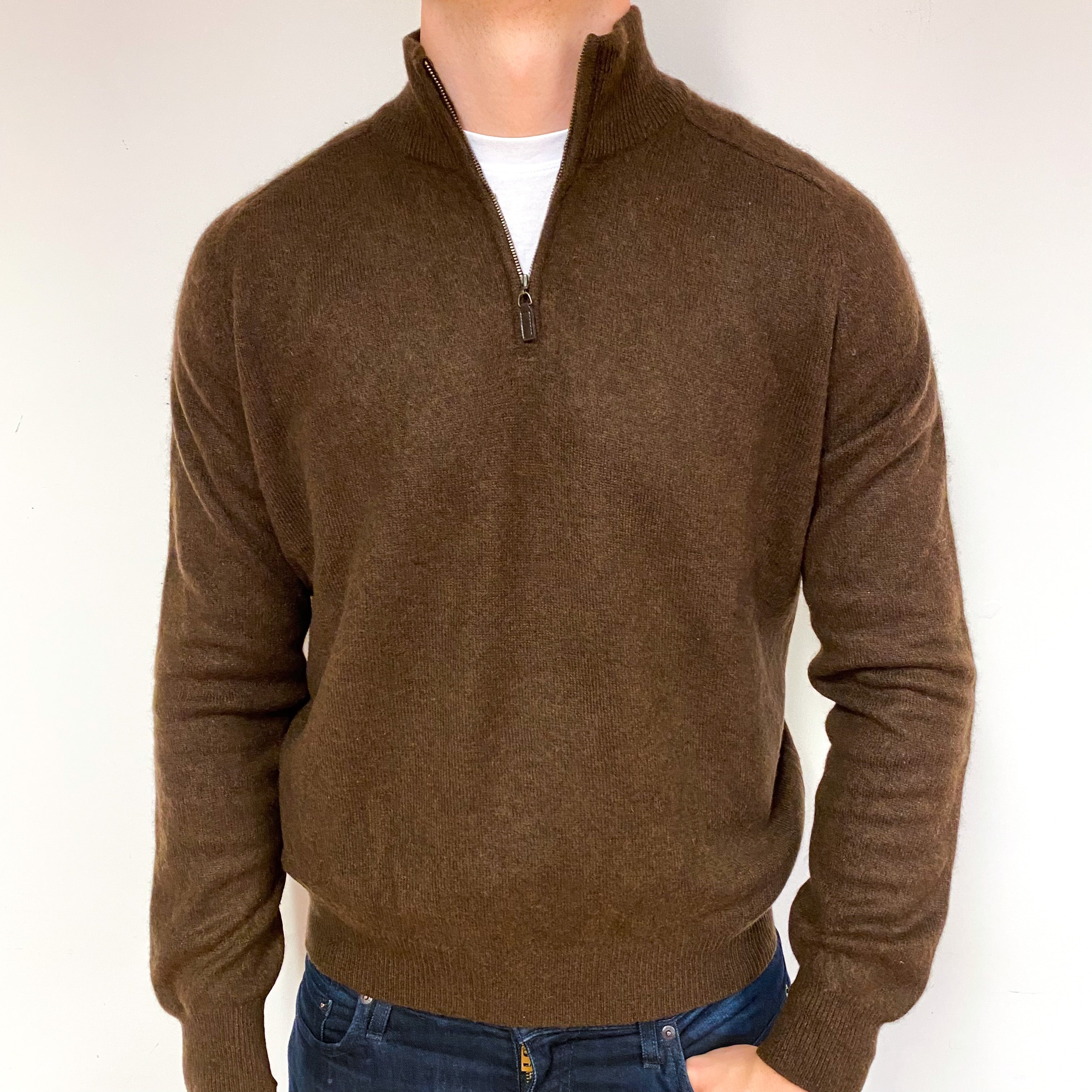 Men's Chocolate Brown Cashmere 1/4 Zip Jumper Extra Large