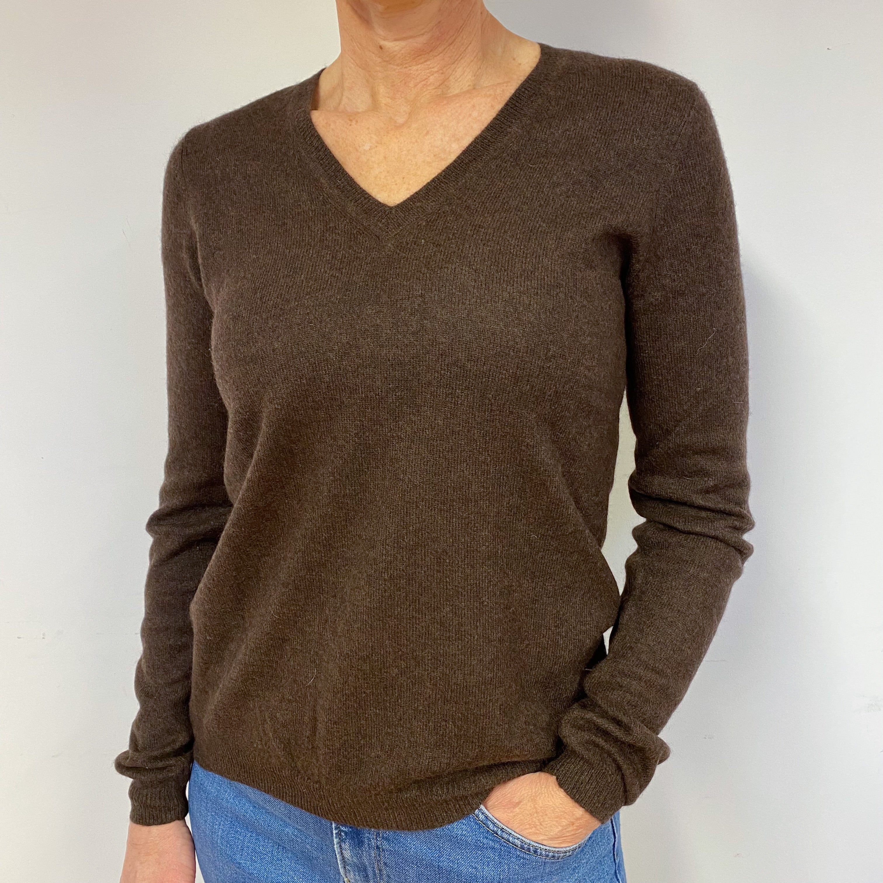 Peppercorn Brown Cashmere V-Neck Jumper Medium