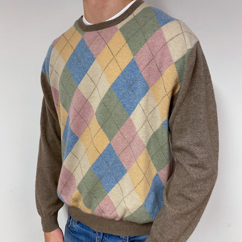 Men's Mocha Brown Colourful Cashmere Crew Neck Jumper XXLarge