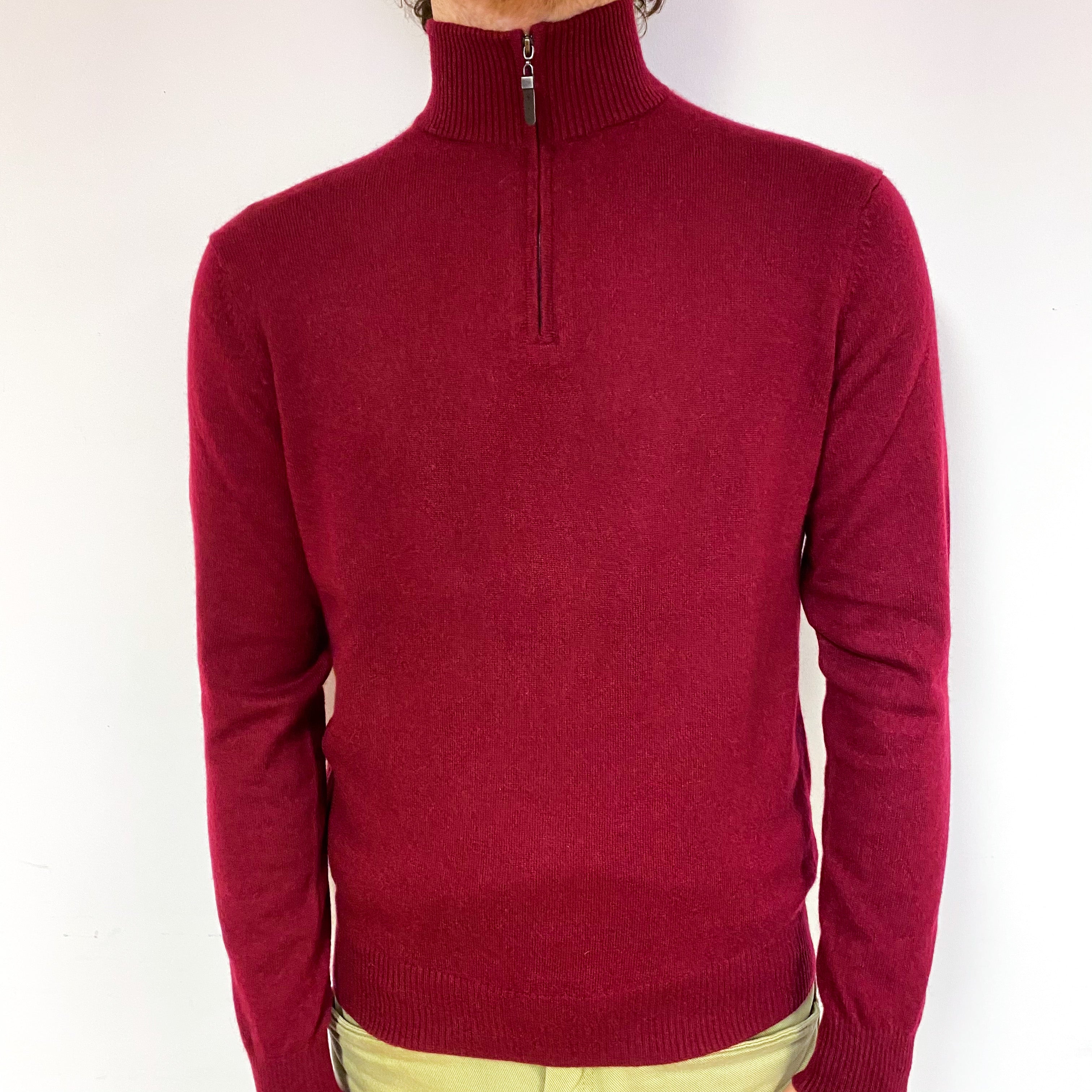 Men's Garnet Red Cashmere 1/4 Zip Turtle Neck Jumper Large