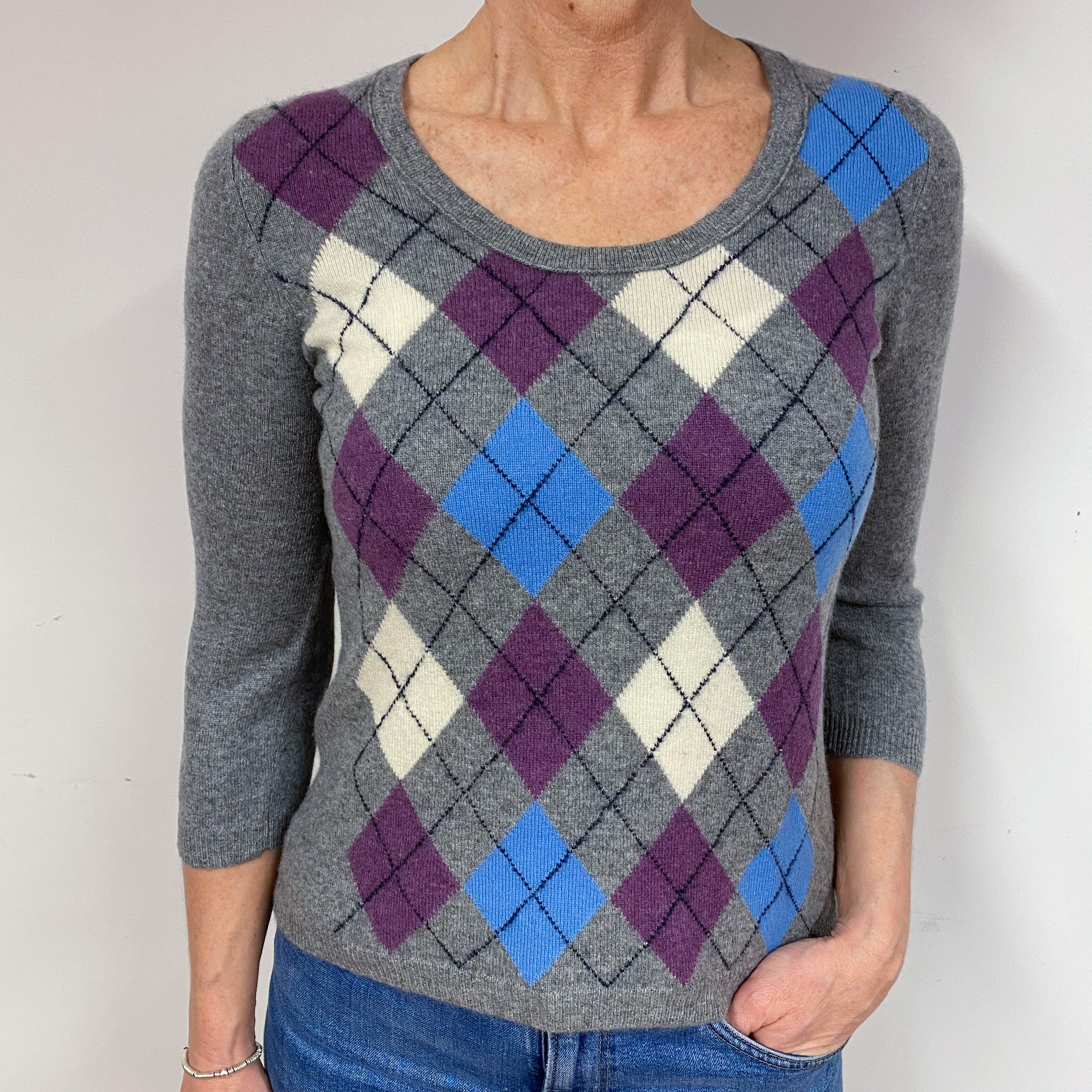 Steel Grey Argyle Cashmere Crew Neck Jumper Medium