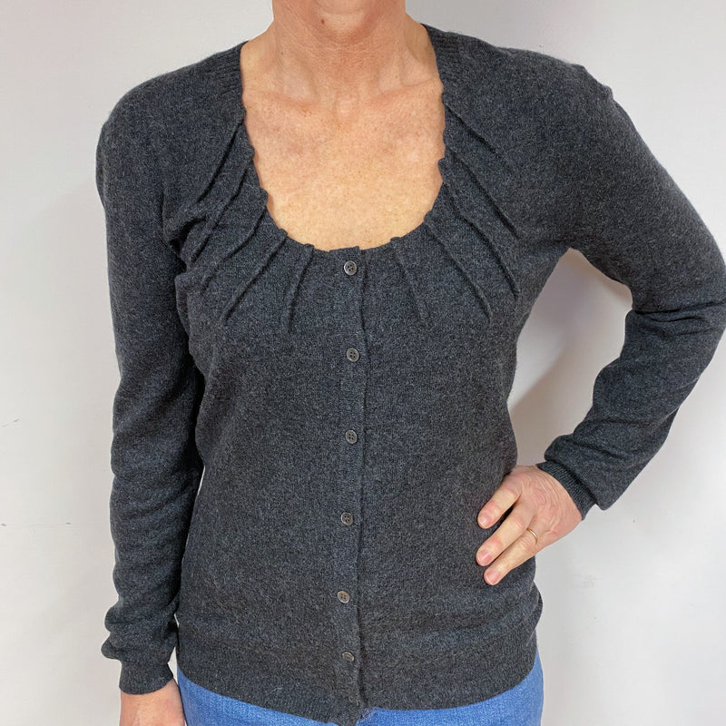 Charcoal Grey Ruched Cashmere Scoop Neck Cardigan Medium