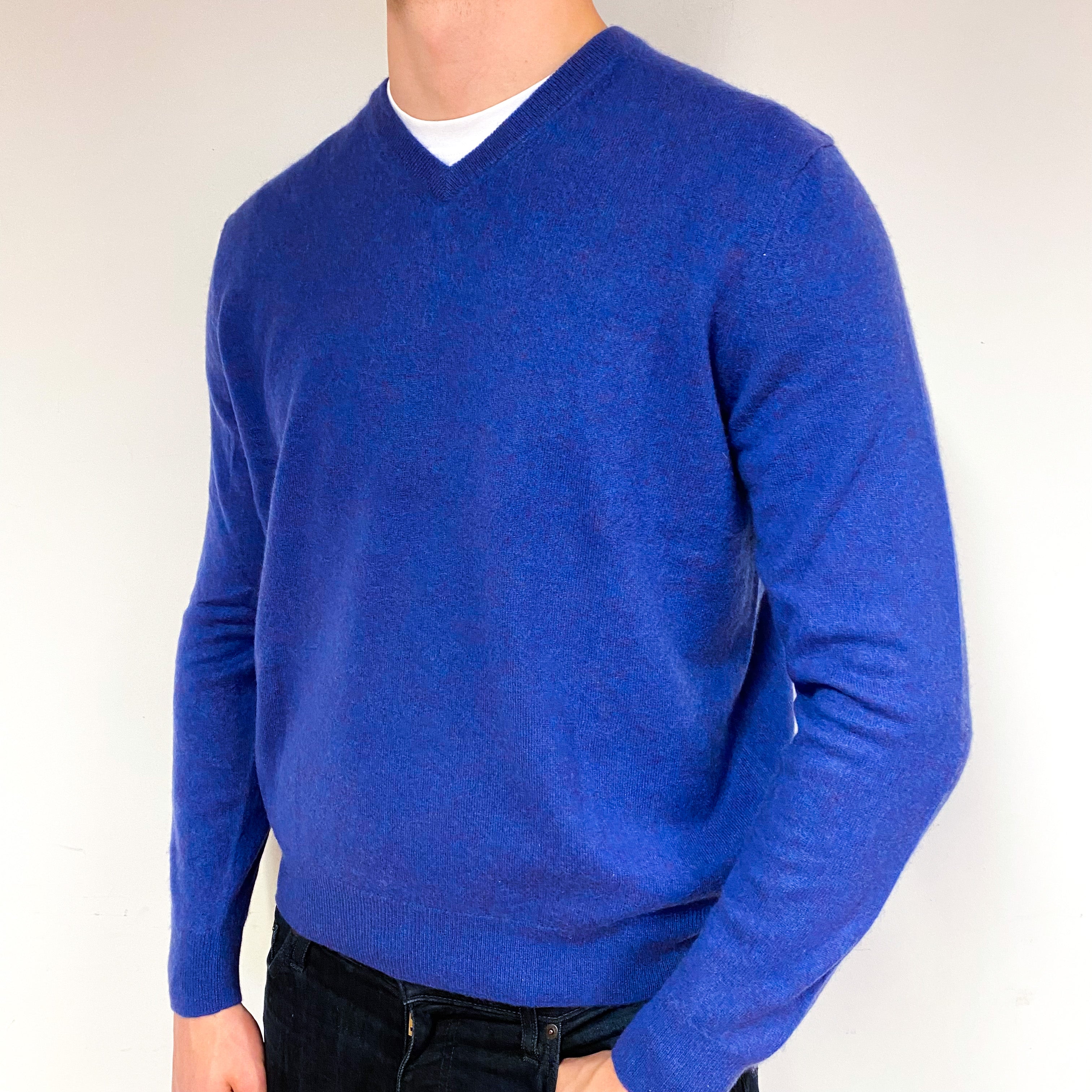 Men's Blue Plum Marl Cashmere V-Neck Jumper Extra Large