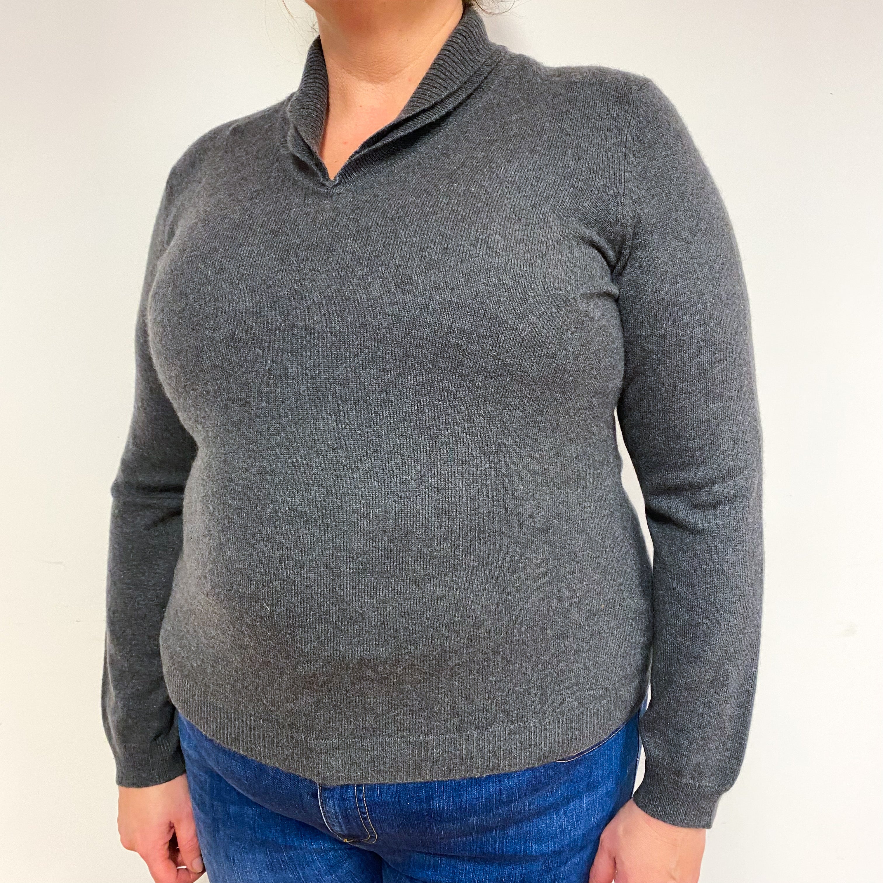 Steel Grey Cashmere V-Neck Jumper Extra Large