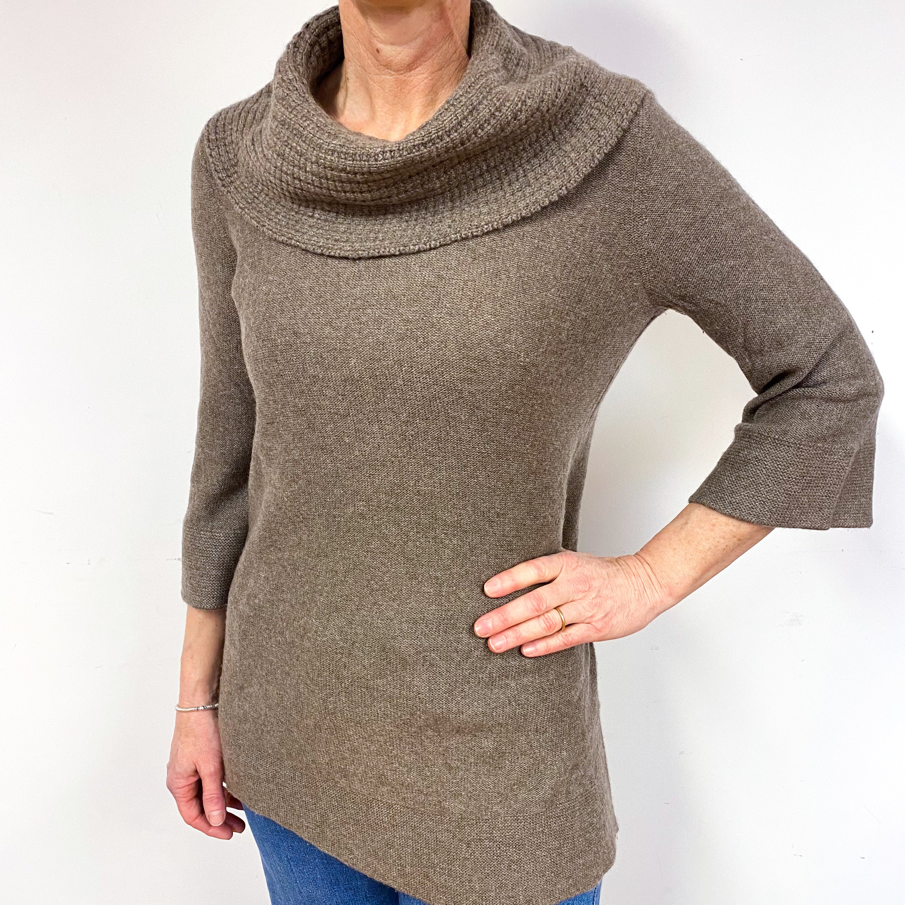 Mink Brown Cashmere Cowl Neck Tunic Jumper Medium