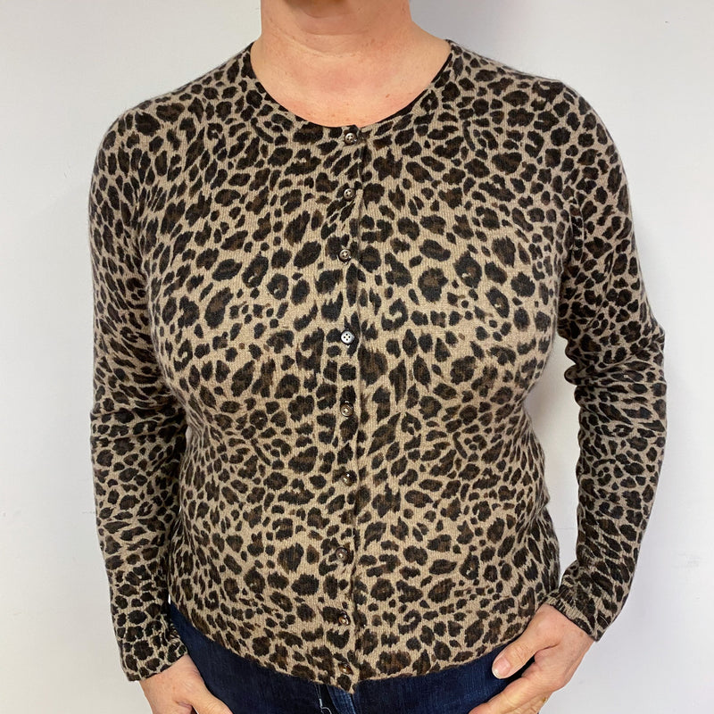 Leopard Print Brown Cashmere Cardigan Large
