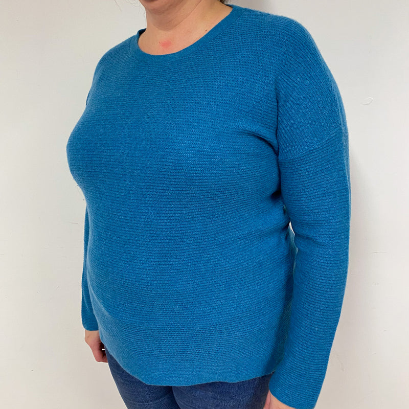 Teal Green Waffle Knit Cashmere Crew Neck Jumper Extra Large