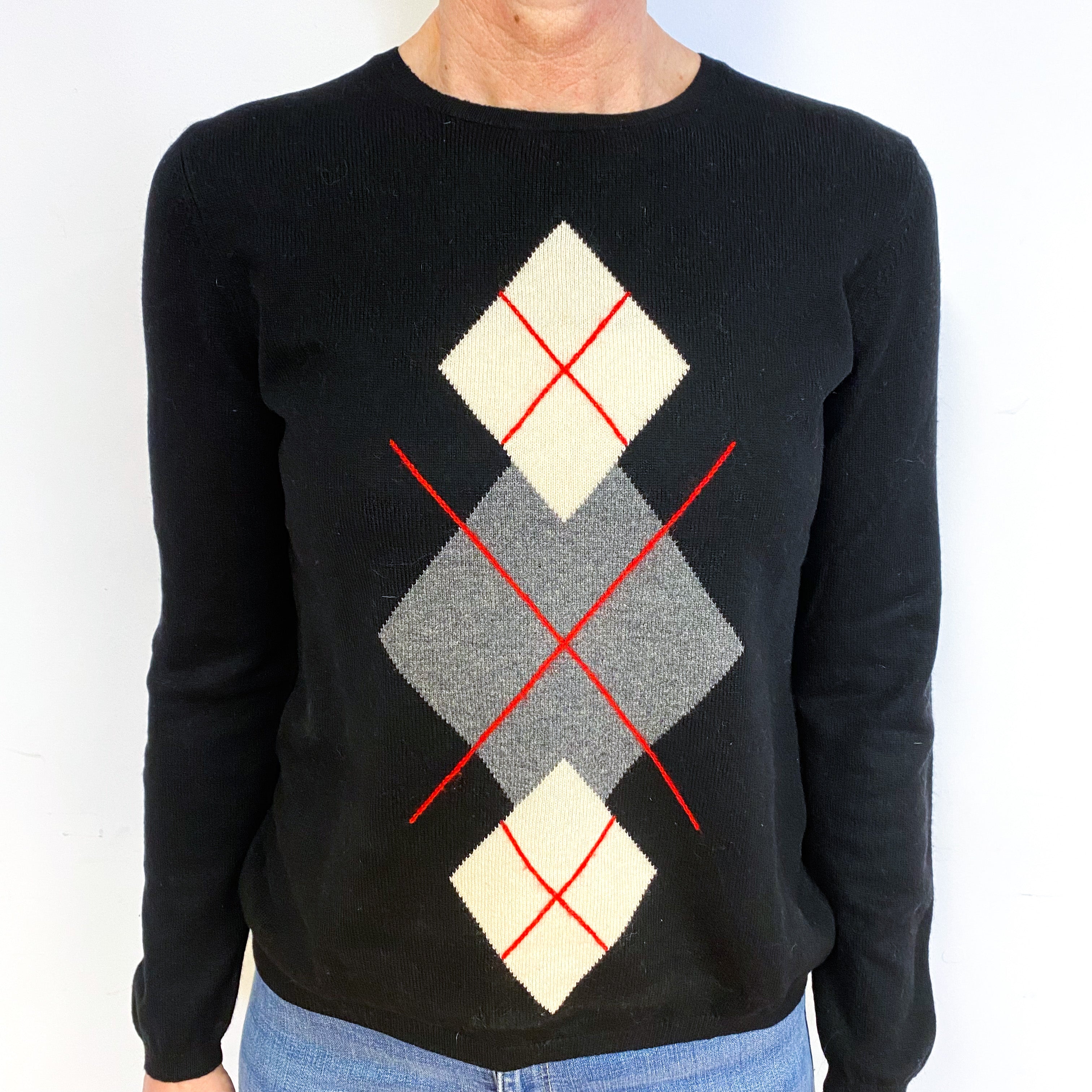Black Cream Diamond Cashmere Crew Neck Jumper Medium