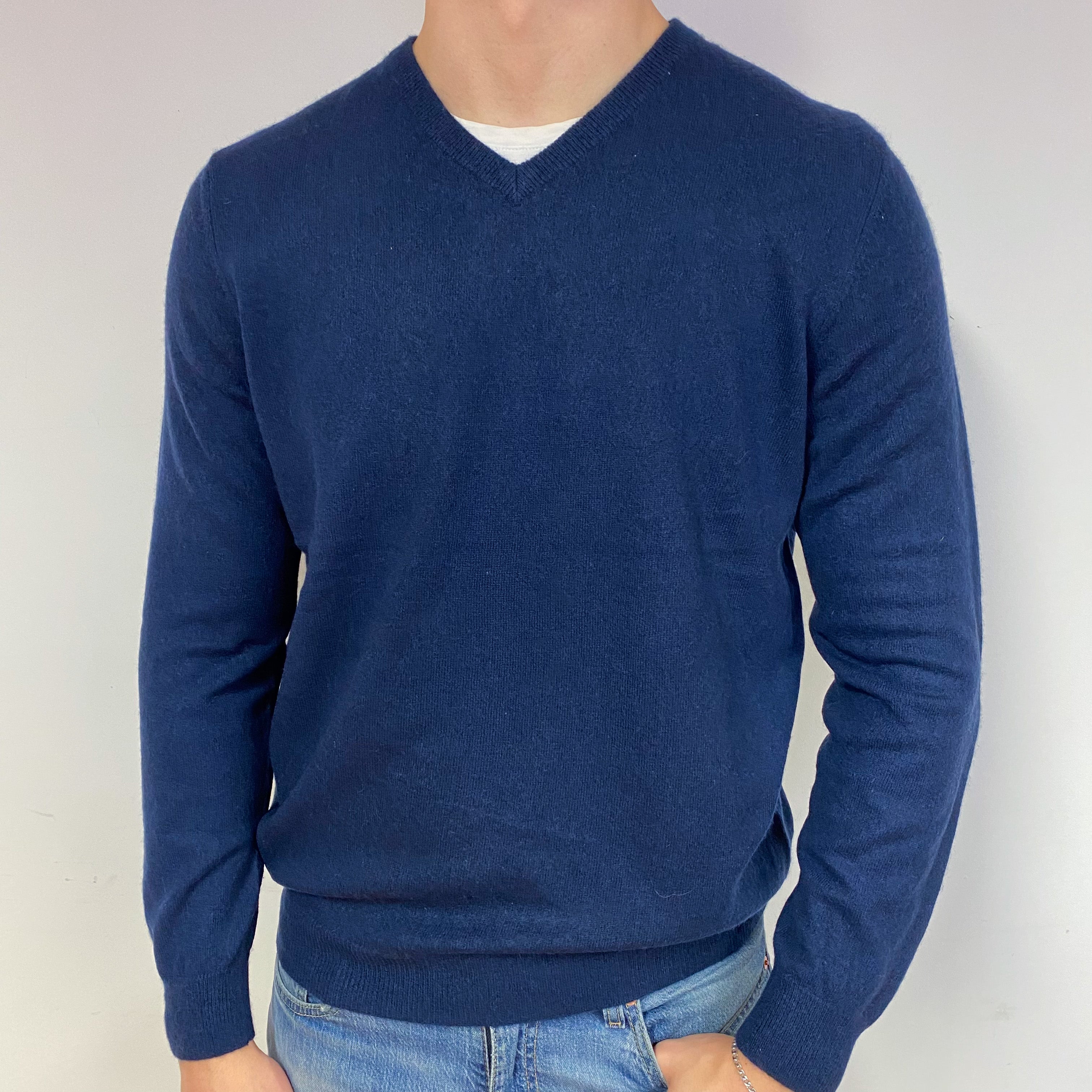 Men's Navy Blue Cashmere V-Neck Jumper Extra Large