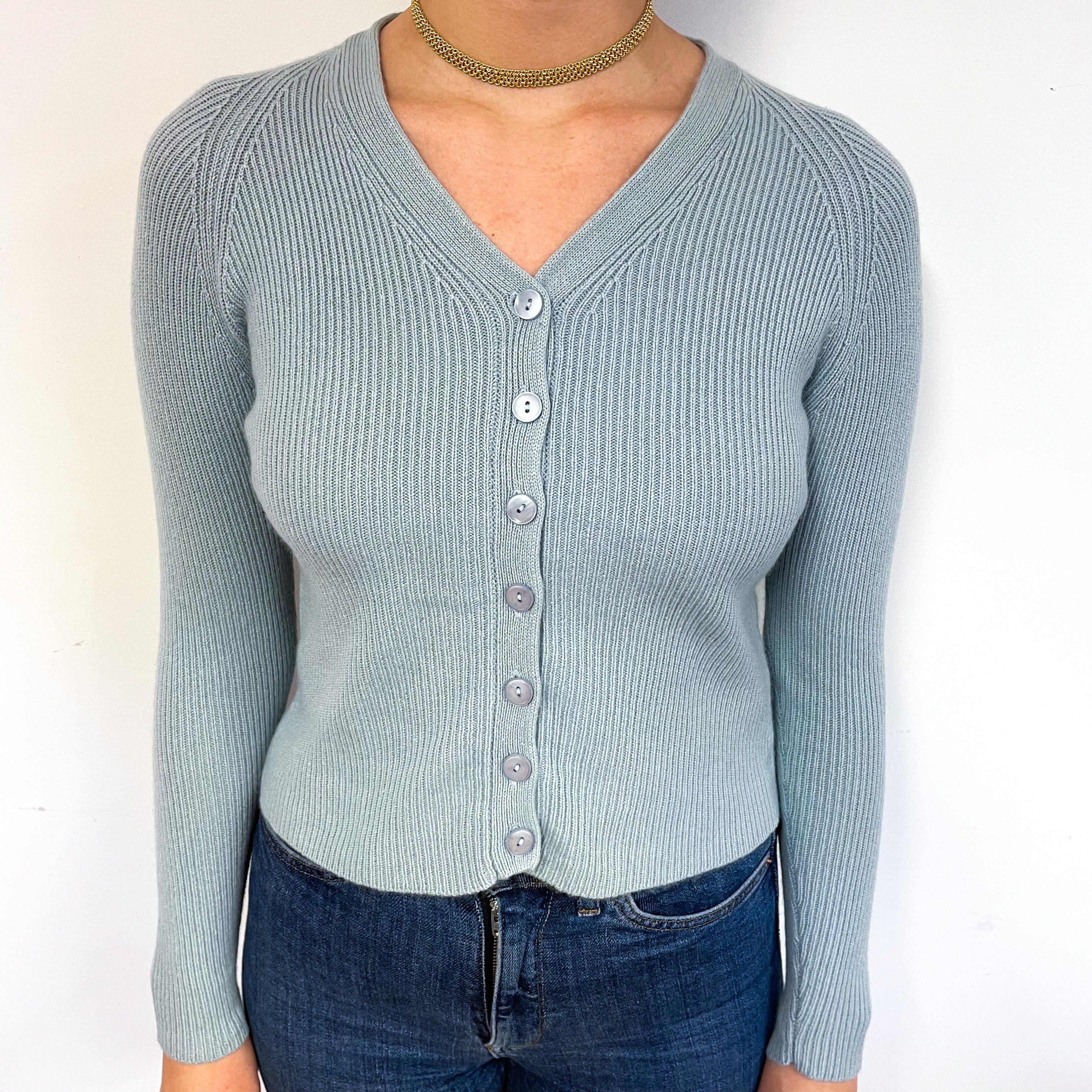 Opal Green Ribbed Cashmere V-Neck Cardigan Small