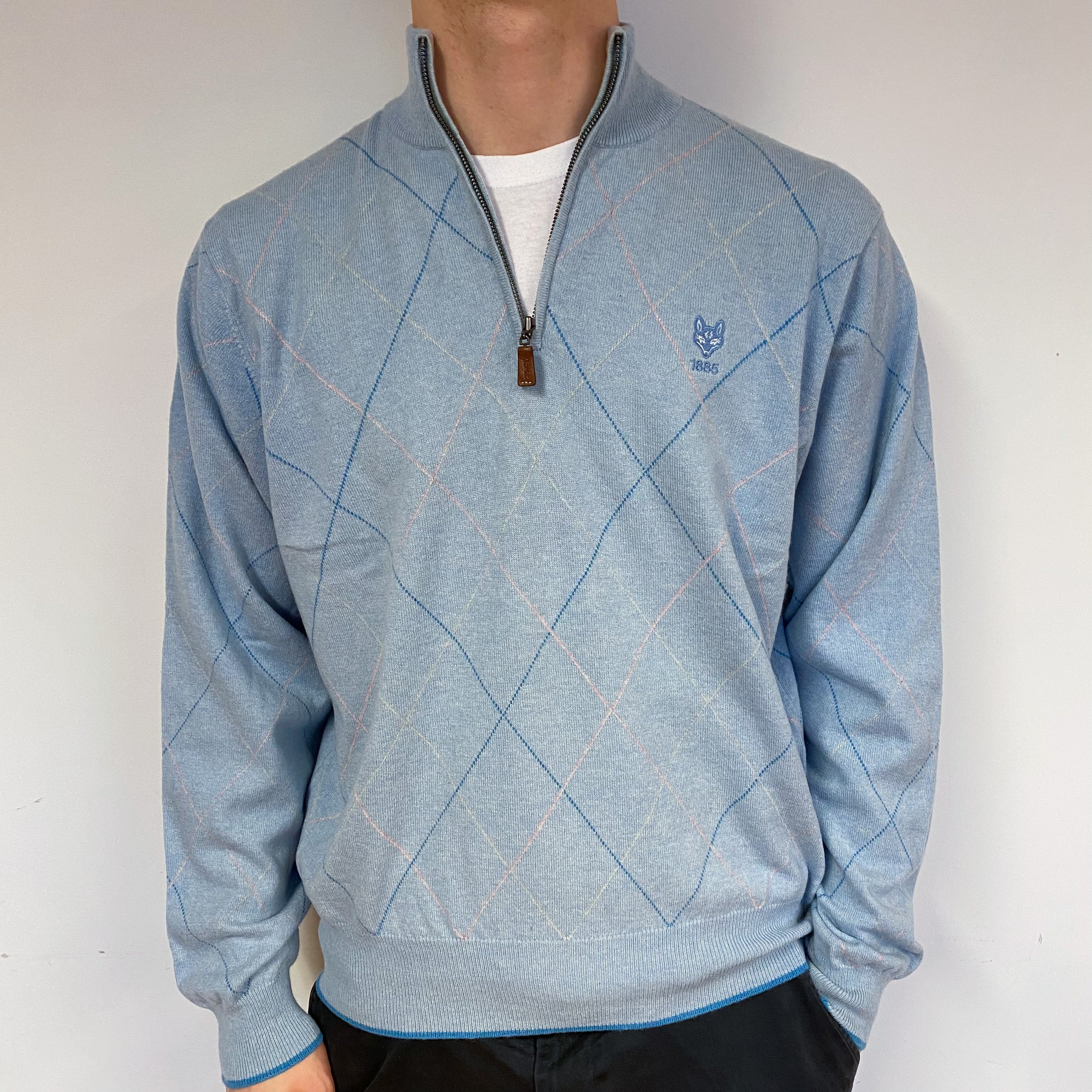 Men's Opal Blue Diamond Cashmere 1/4 Zip Jumper Large