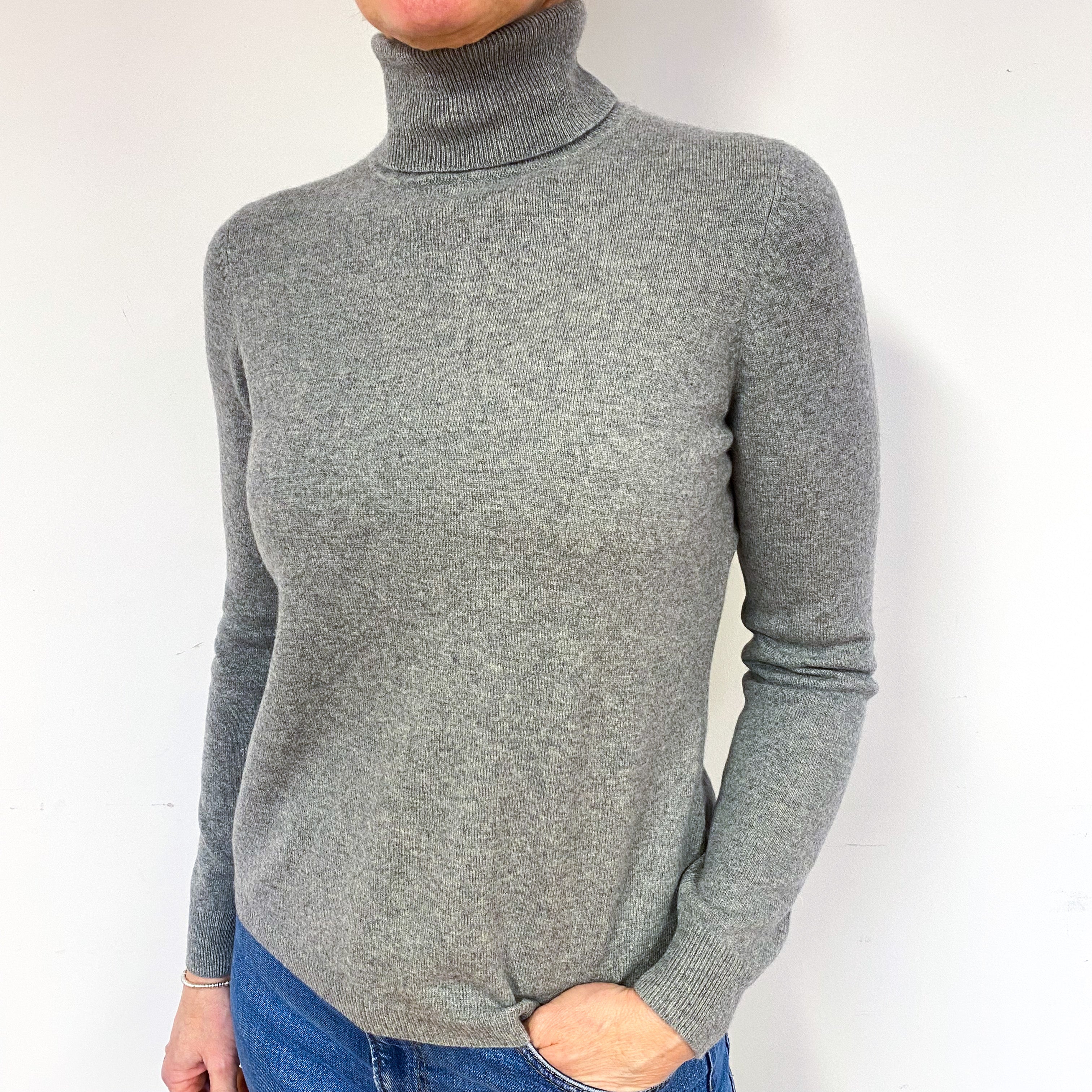 Steel Grey Cashmere Polo Neck Jumper Medium