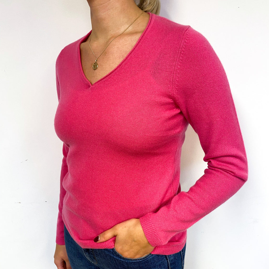 New Fuchsia Pink Cashmere V Neck Jumper Small