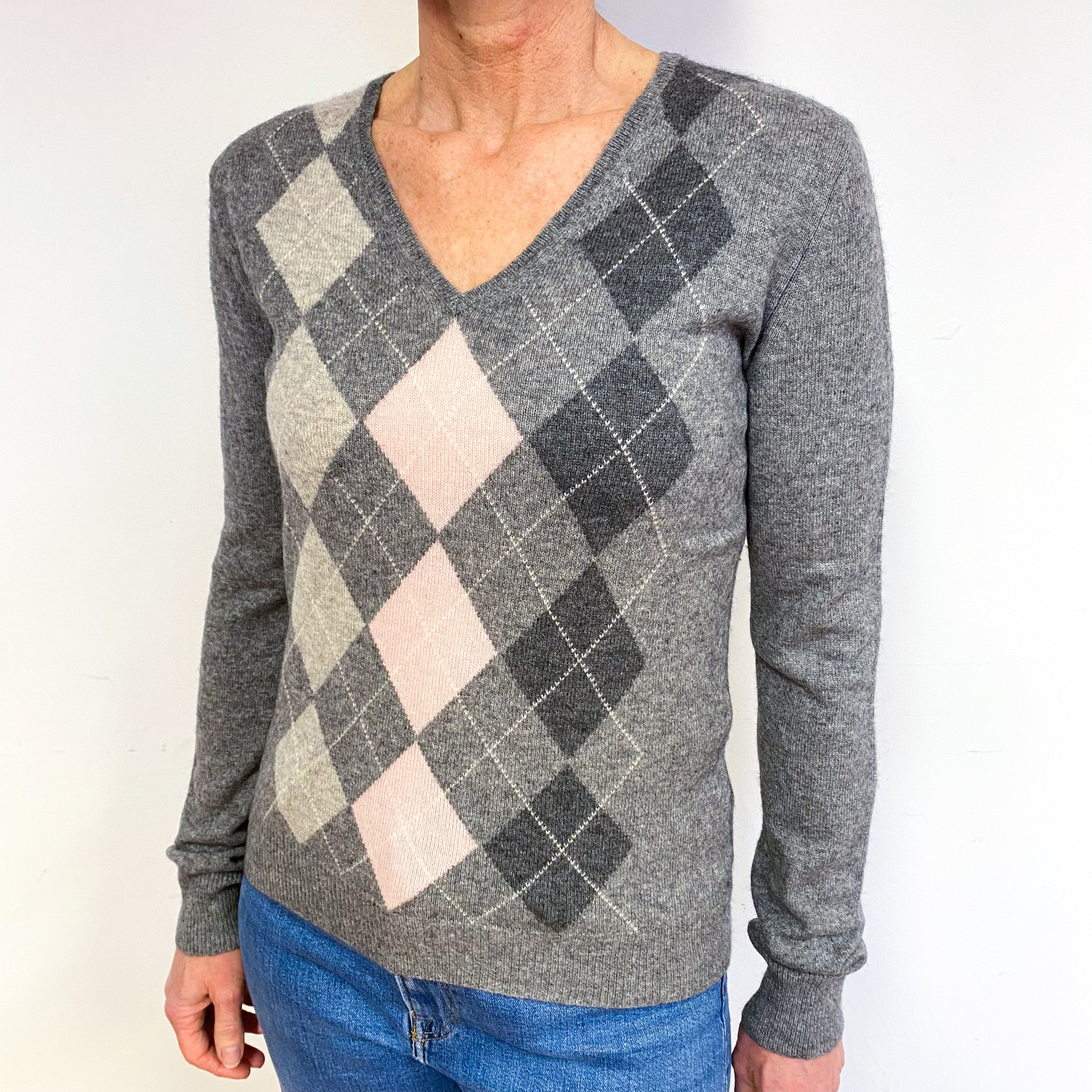Steel Grey Pink Argyle Cashmere V-Neck Jumper Medium