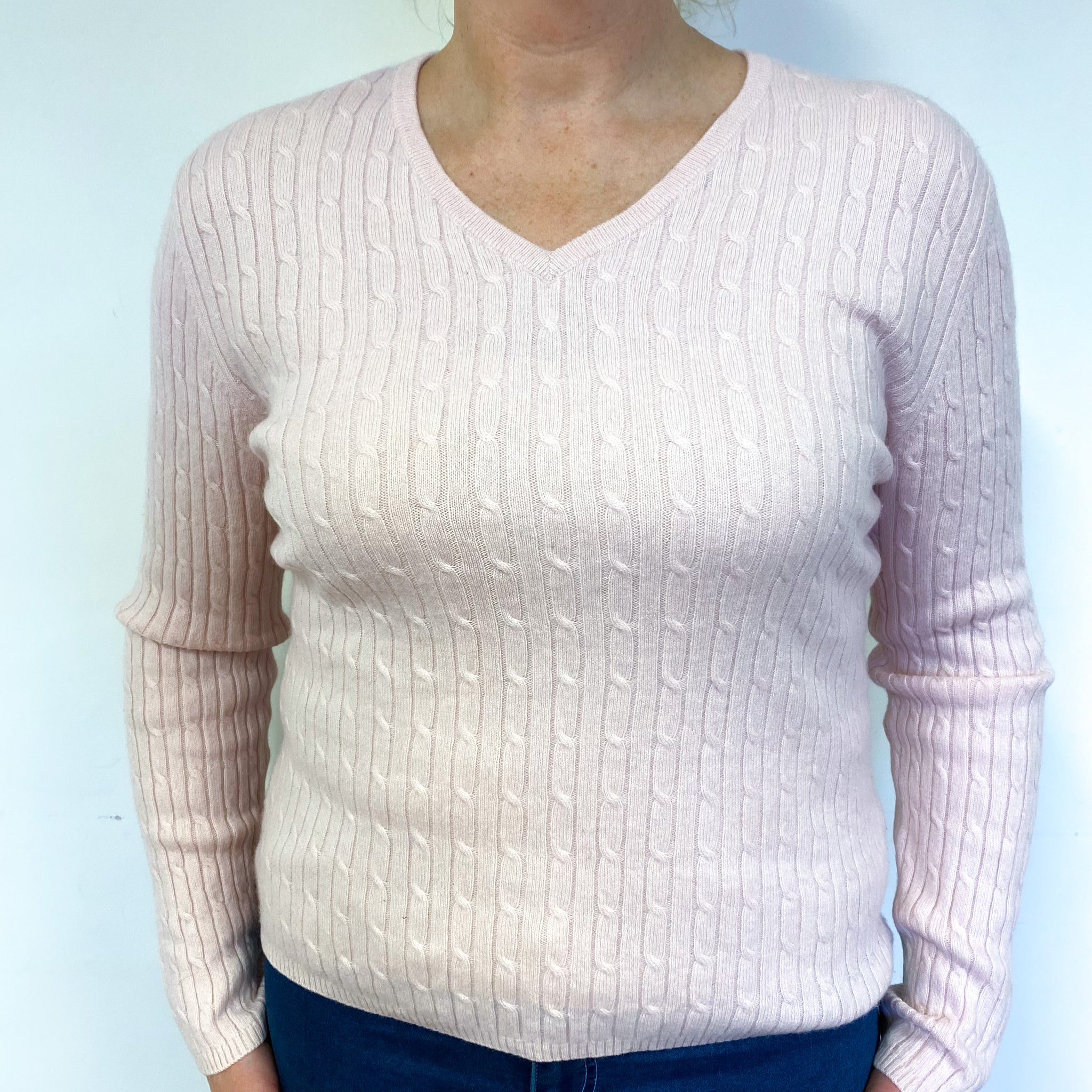 Pink Shell Sweater Shell Pink Cable Cashmere V-Neck Jumper Large