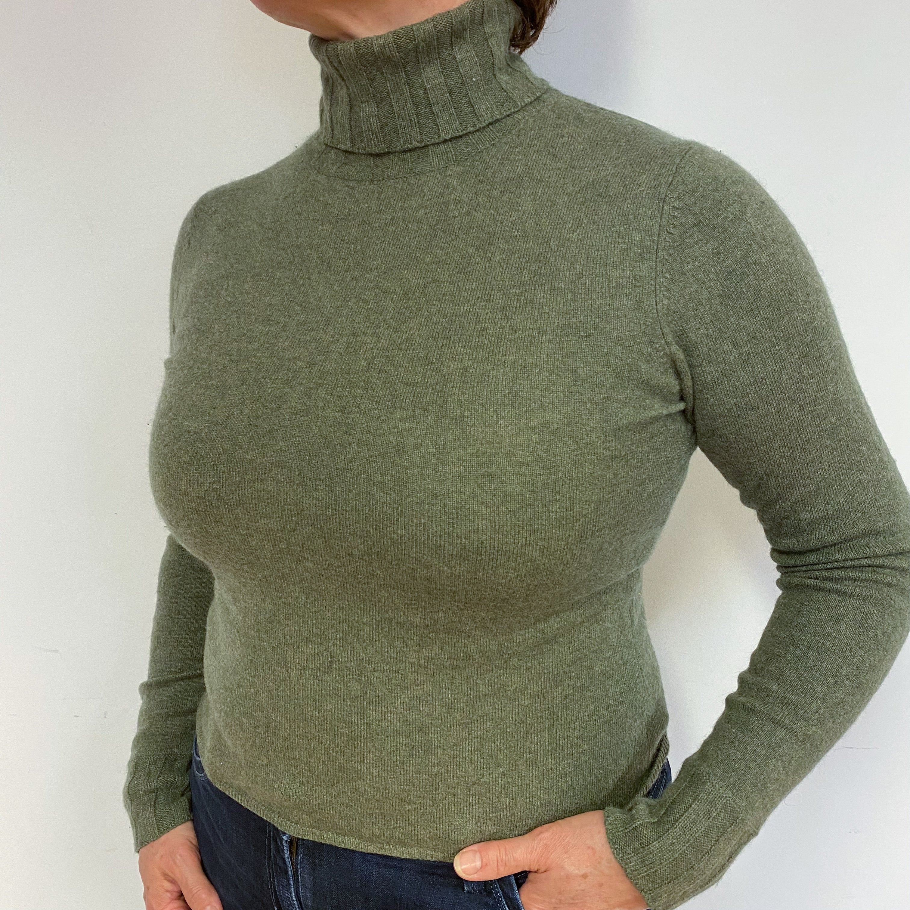 Khaki Cashmere Polo Neck Jumper Large