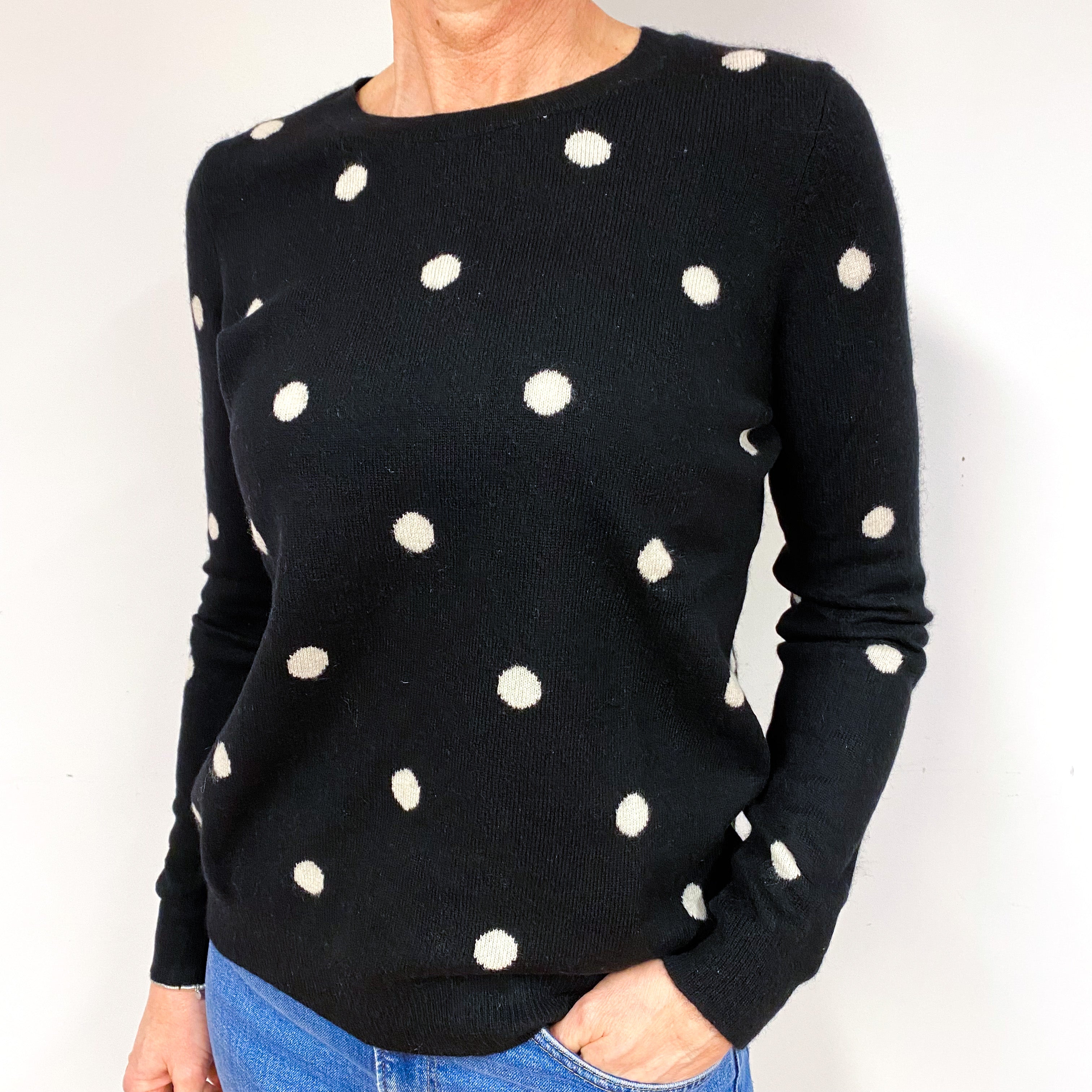 Black Cream Spot Cashmere Crew Neck Jumper Medium