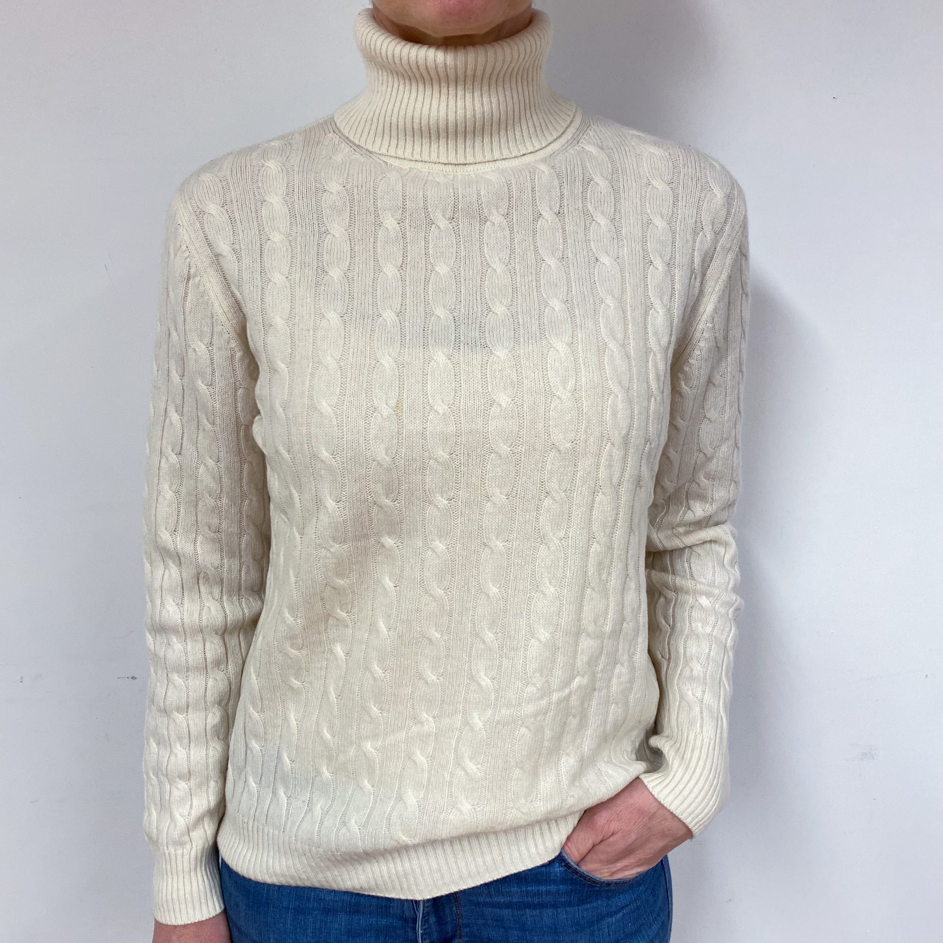 Cream Cable Cashmere Polo Neck Jumper Medium