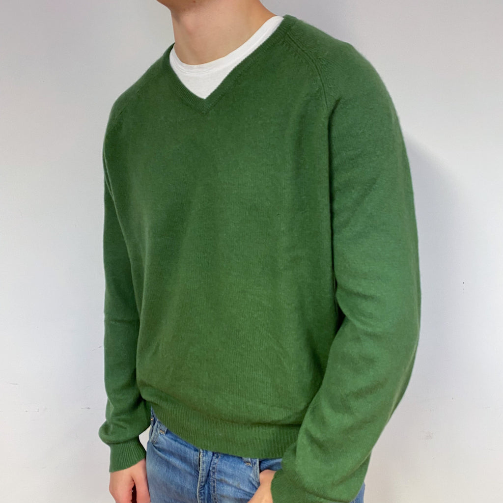 Men's Fern Green Cashmere V-Neck Jumper Extra Extra Large