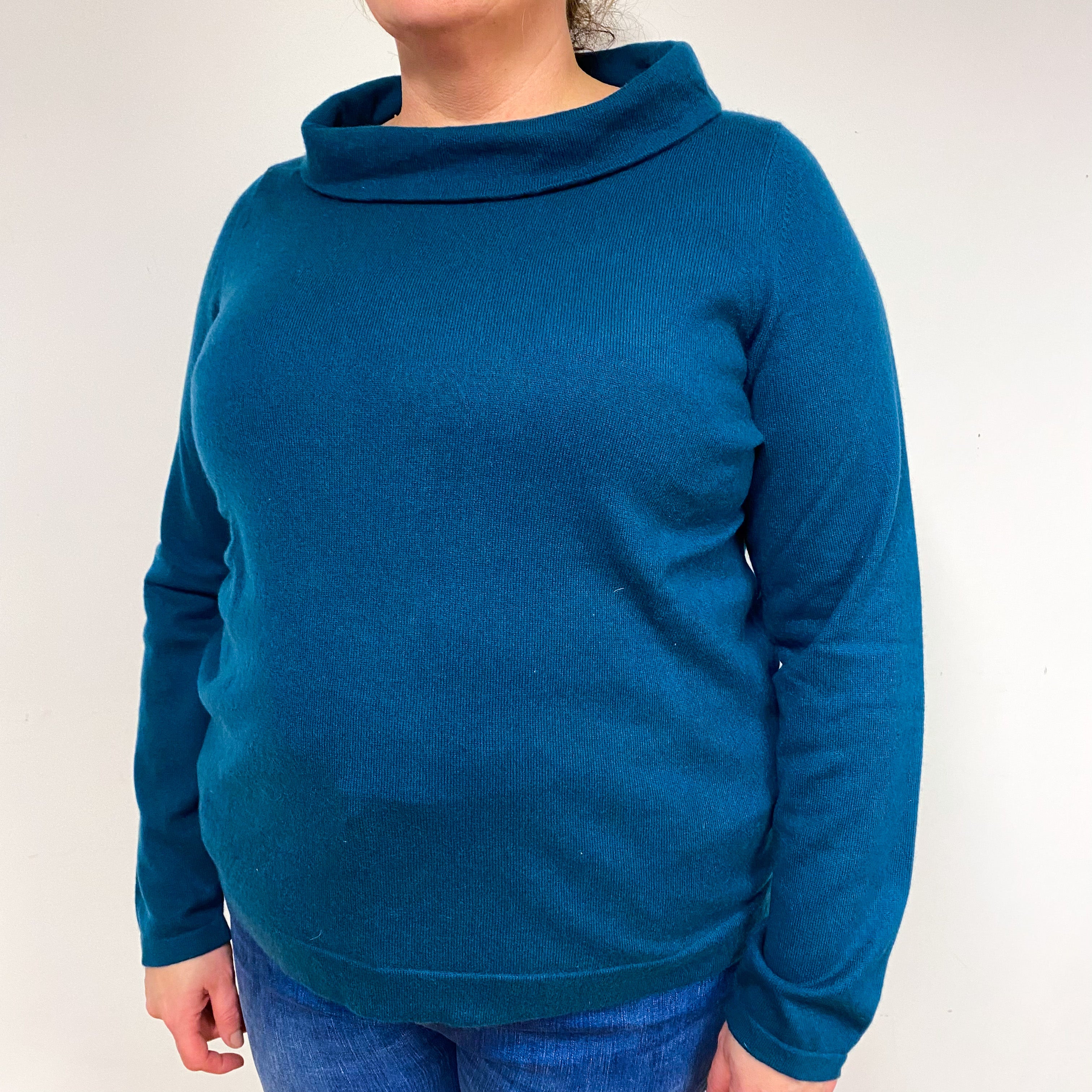 Peacock Blue Cashmere Funnel Neck Jumper Extra Large