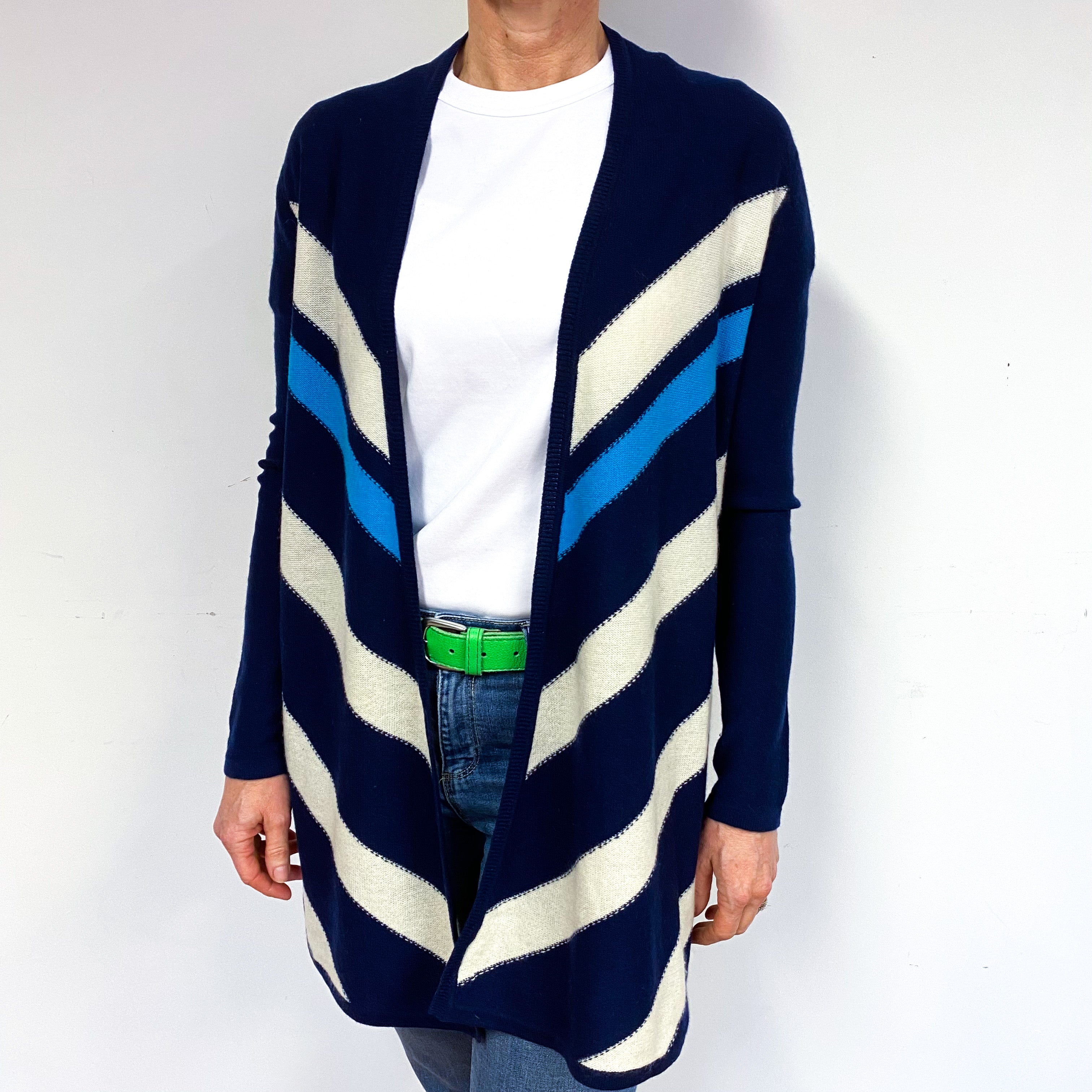Navy Blue Stripe Cashmere Edge to Edge Cardigan Medium