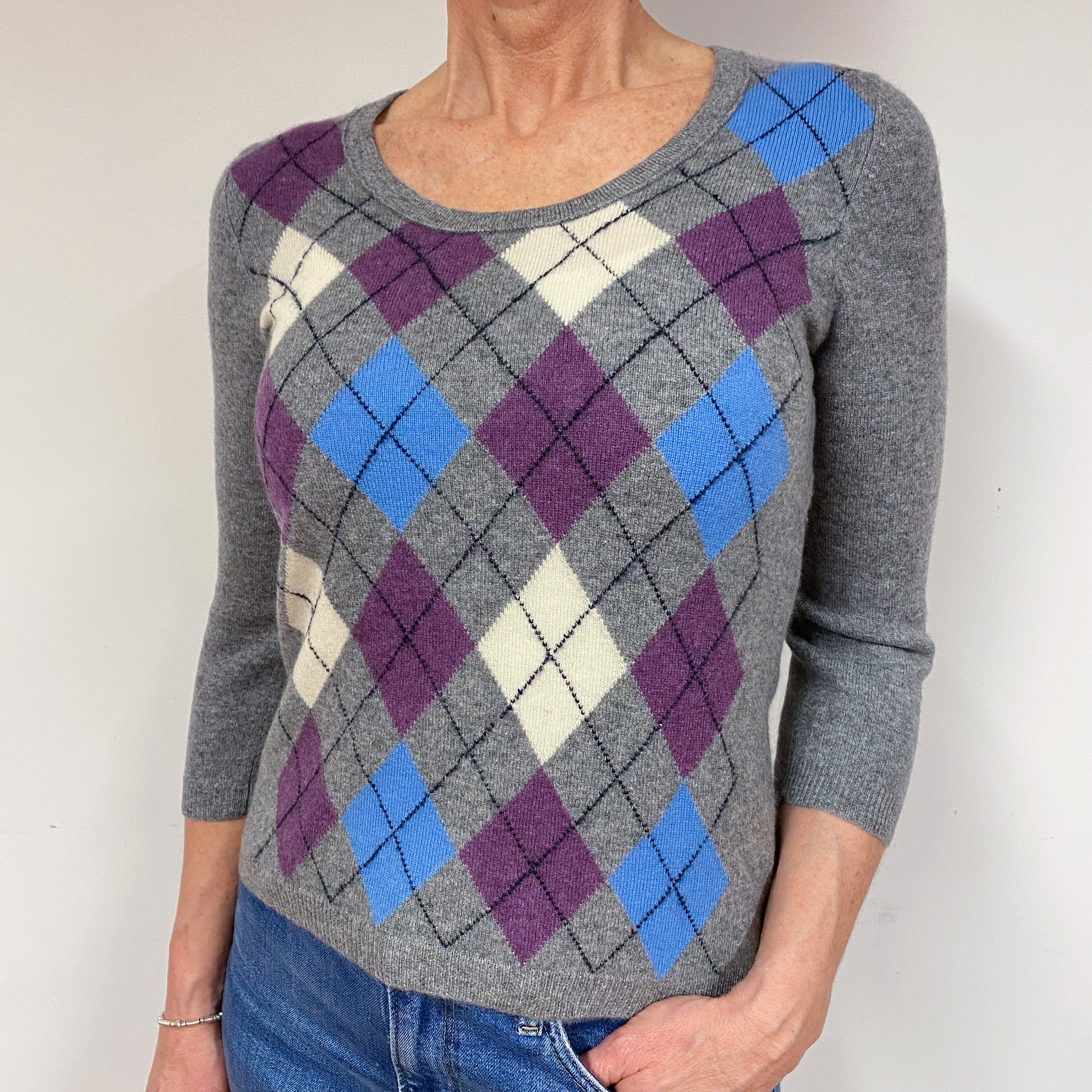 Steel Grey Argyle Cashmere Crew Neck Jumper Medium
