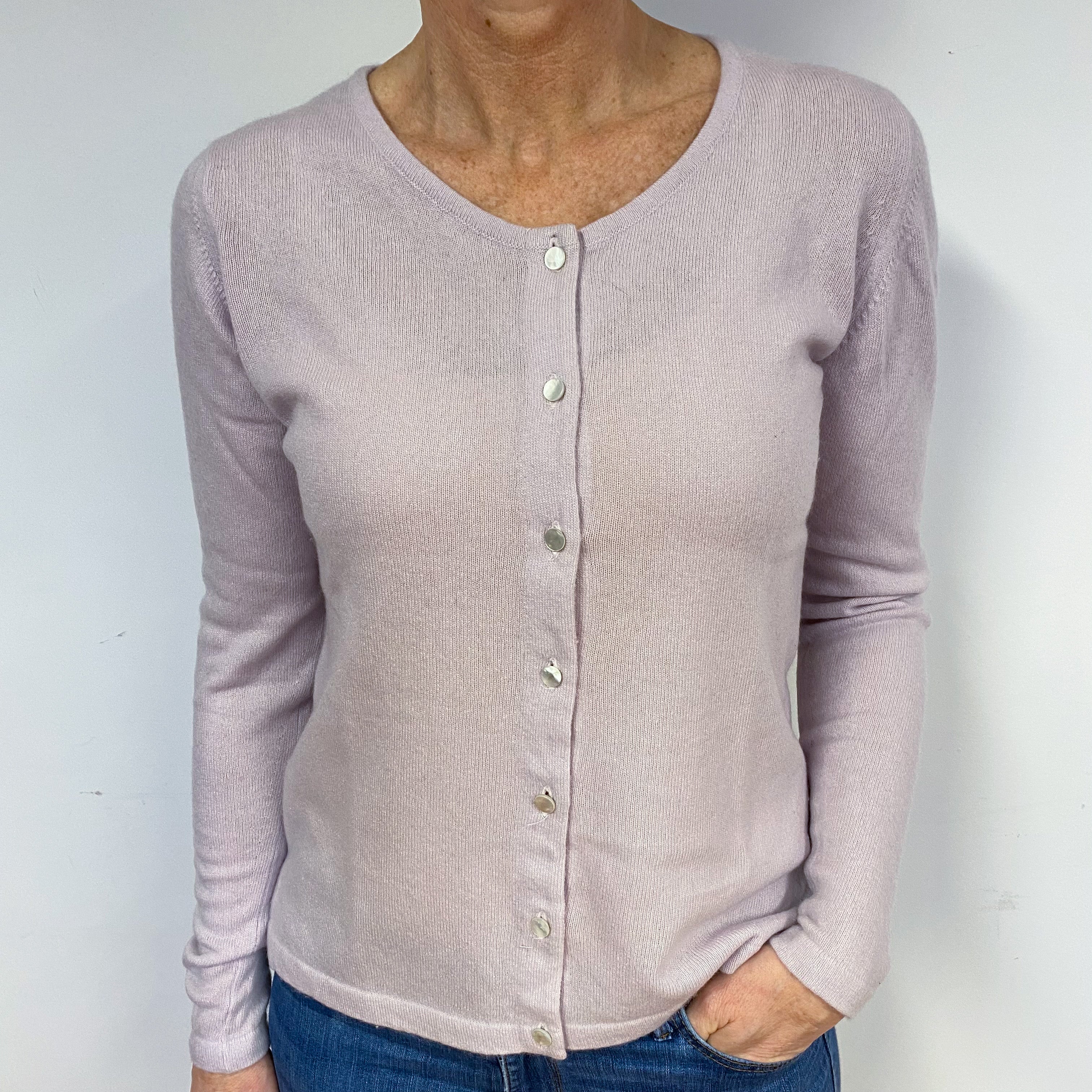 Pale Lilac Purple Cashmere Crew Neck Cardigan Medium