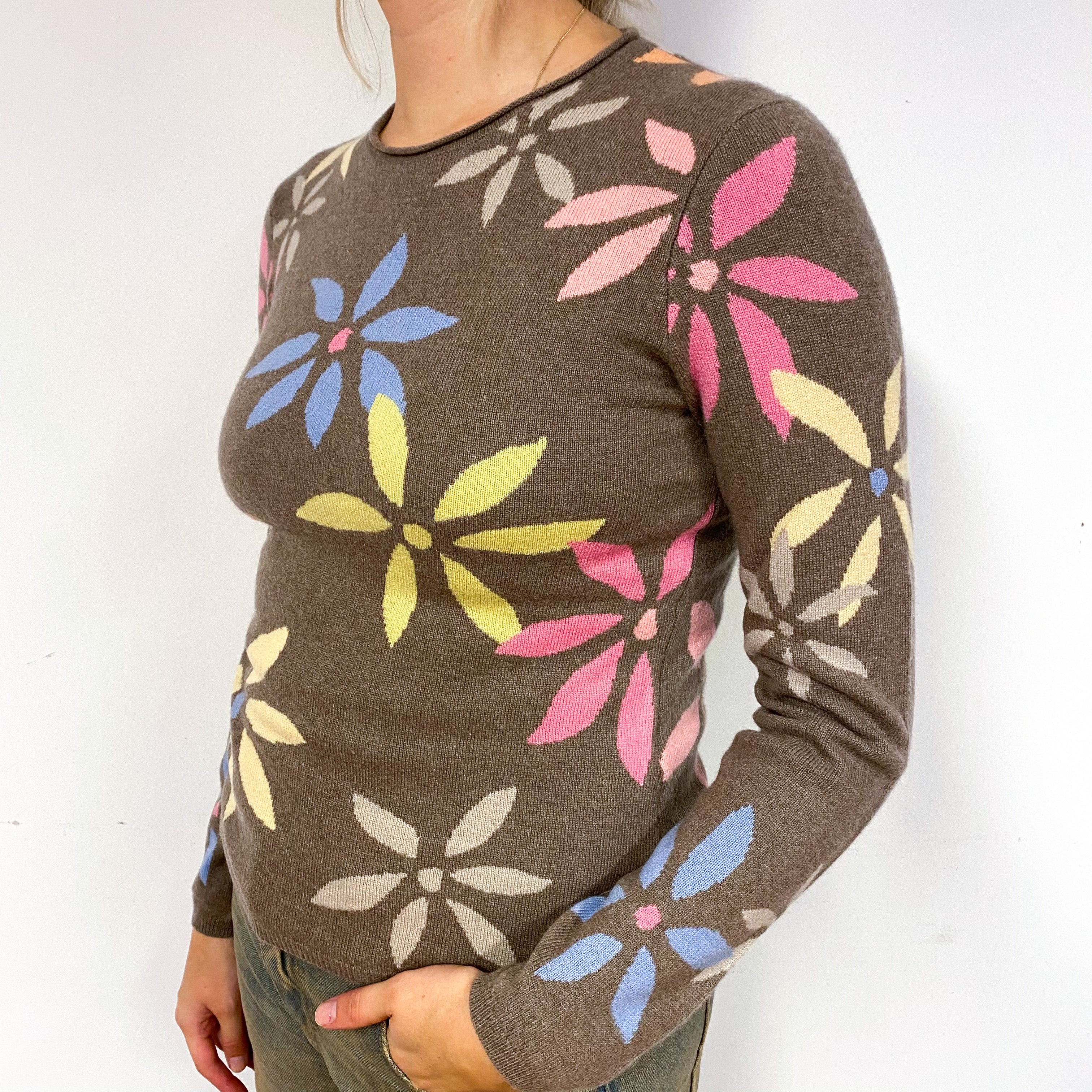 Mink Brown Floral Cashmere Crew Neck Jumper Small