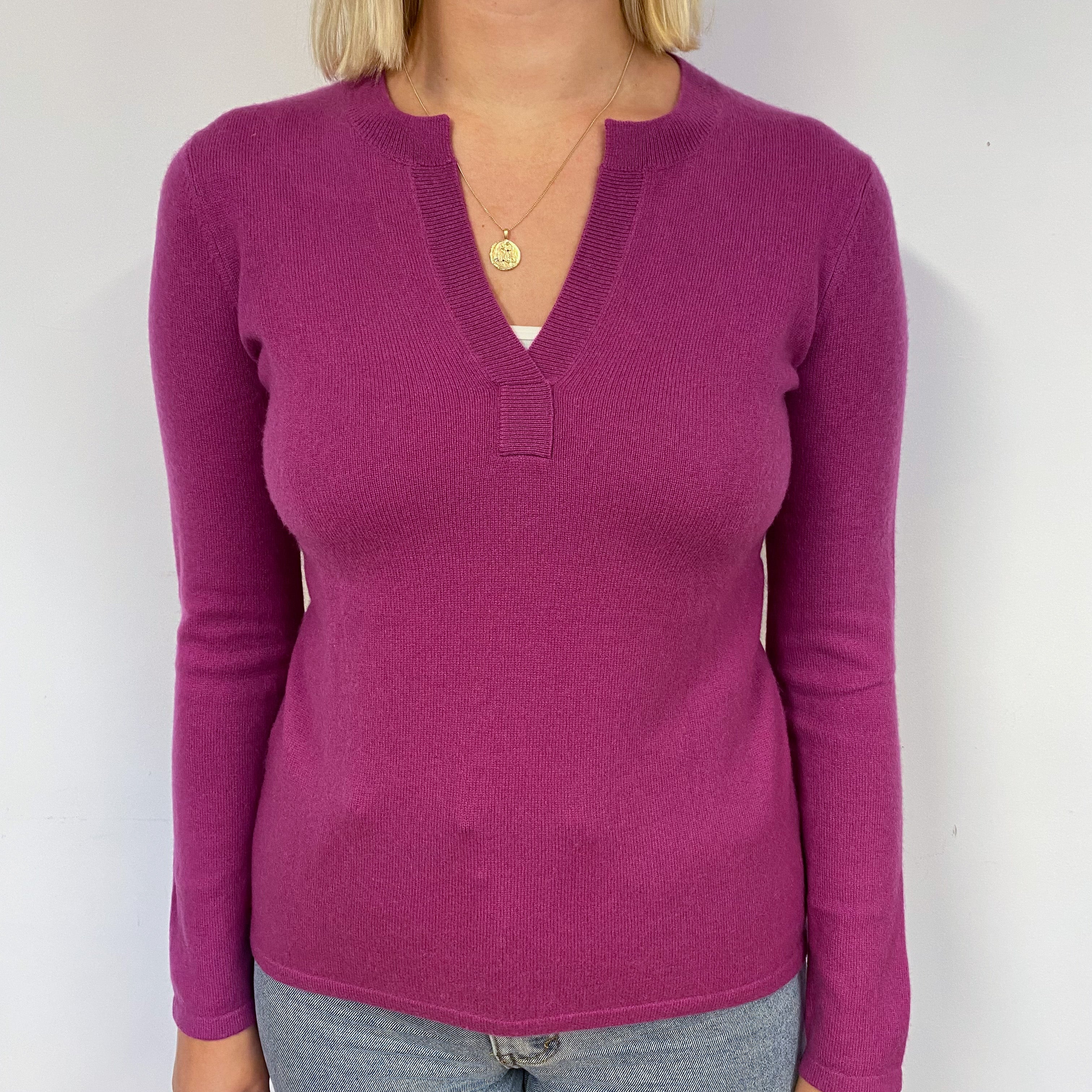 Magenta Pink Cashmere V-Neck Jumper Small