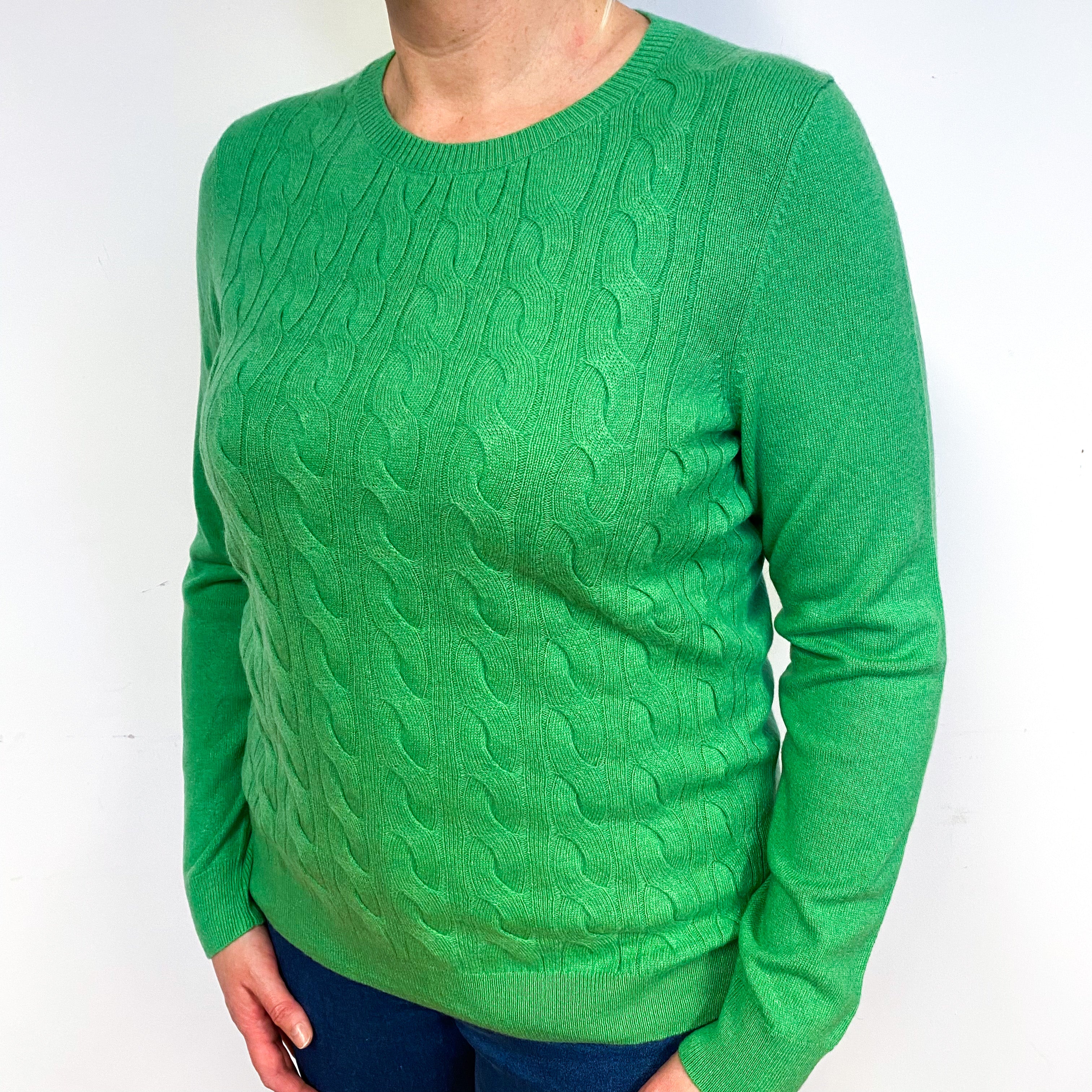 Jade Green Cable Cashmere Crew Neck Jumper Large